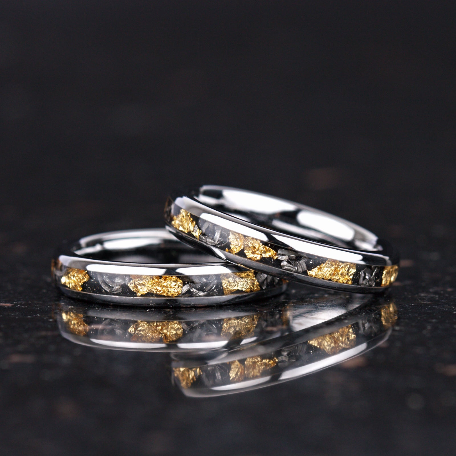 LADIES WEDDING RING REAL METEORITE TUNGSTEN 18K GOLD LEAF (4MM)