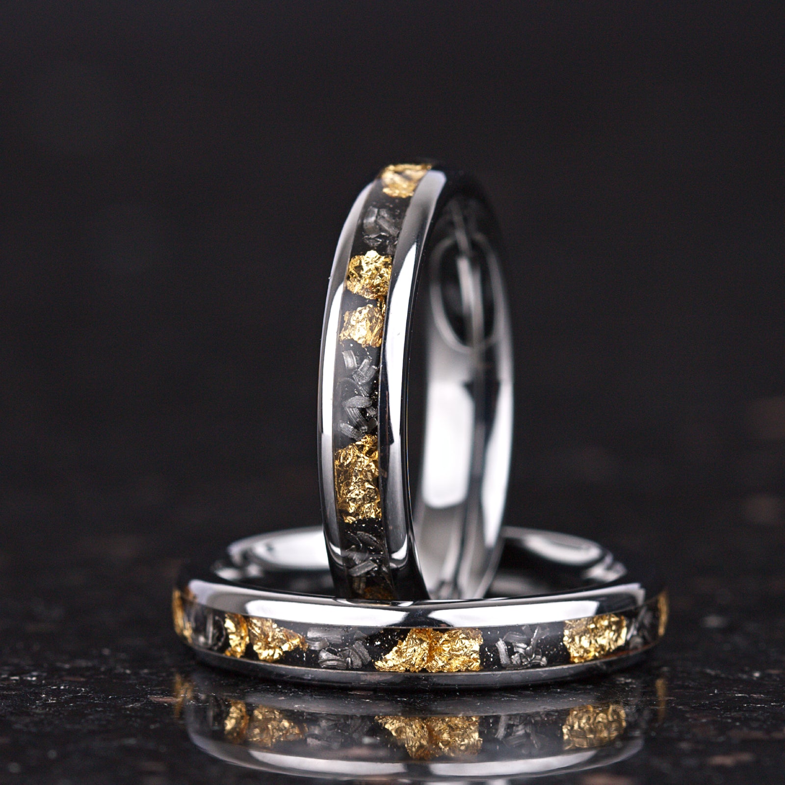 LADIES WEDDING RING REAL METEORITE TUNGSTEN 18K GOLD LEAF (4MM)