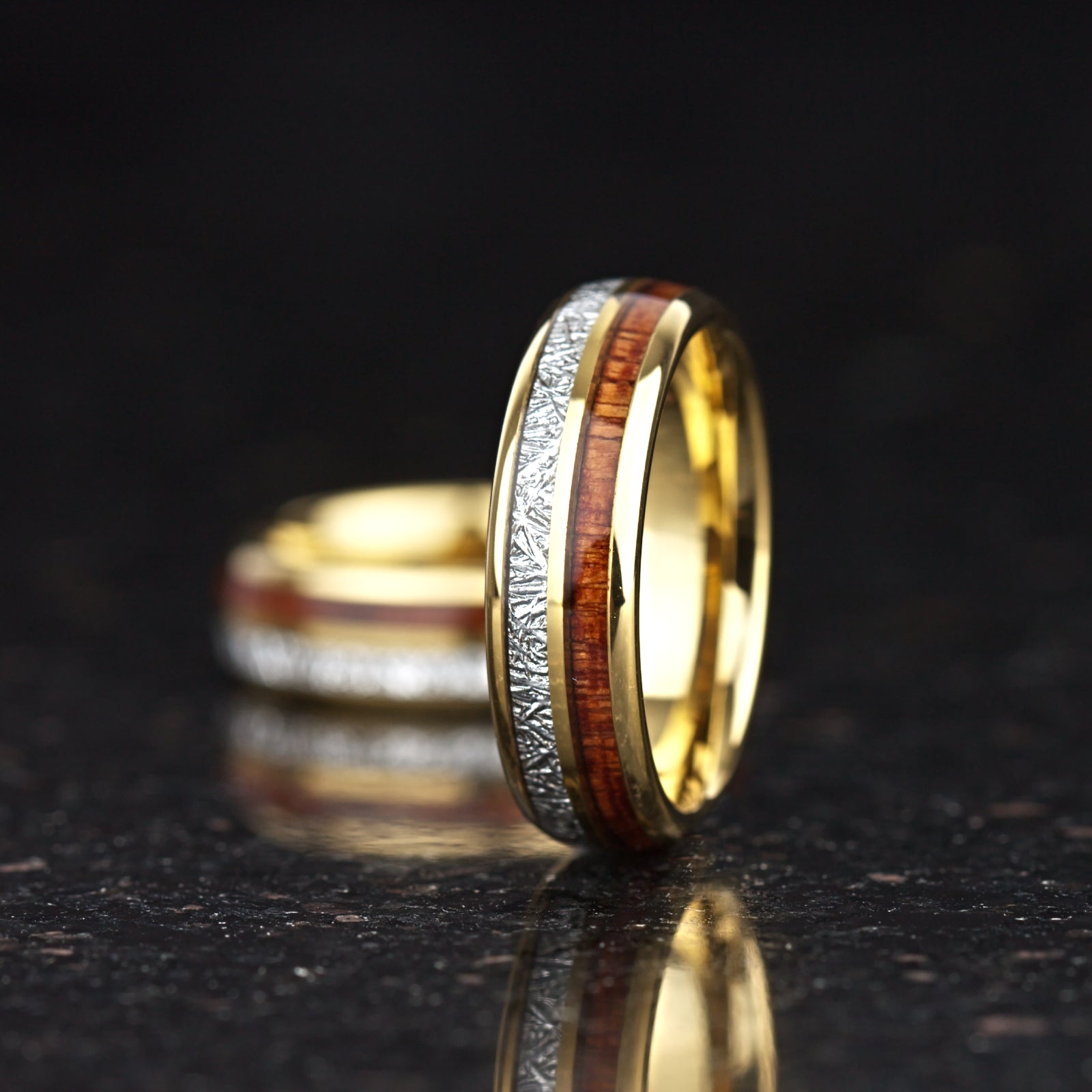 LADIES WEDDING RING KOA WOOD METEORITE TUNGSTEN GOLD (6MM)