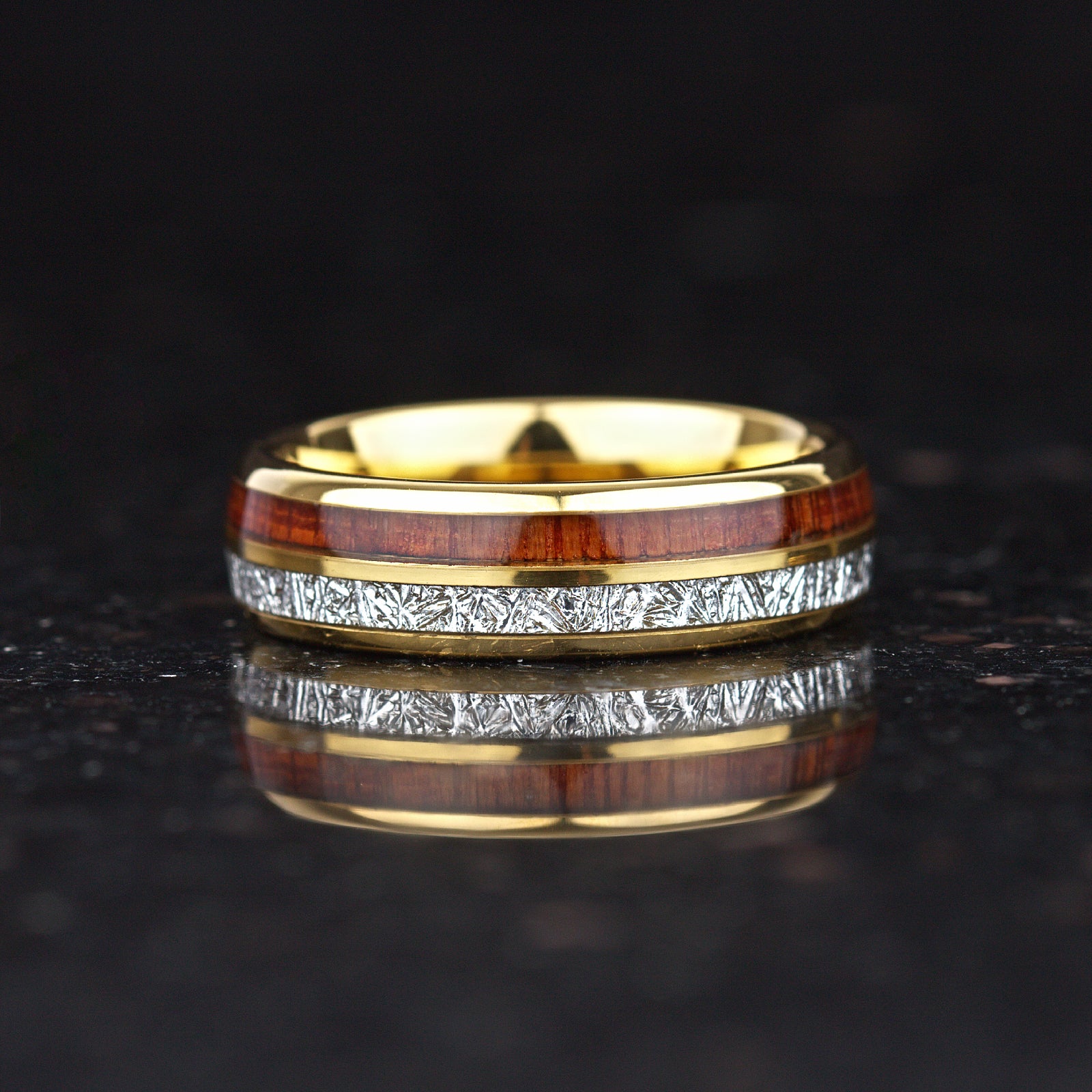 LADIES WEDDING RING KOA WOOD METEORITE TUNGSTEN GOLD (6MM)