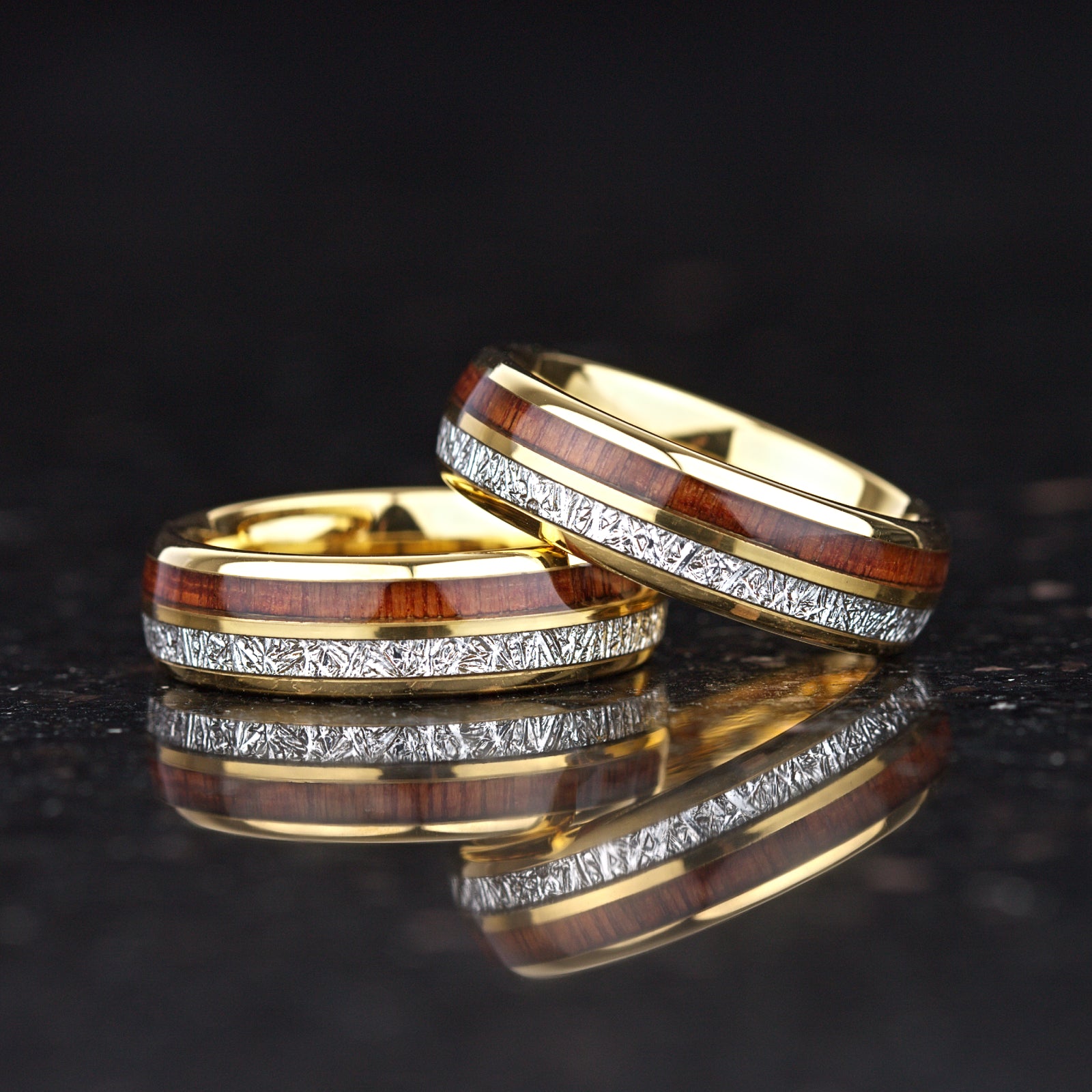 LADIES WEDDING RING KOA WOOD METEORITE TUNGSTEN GOLD (6MM)