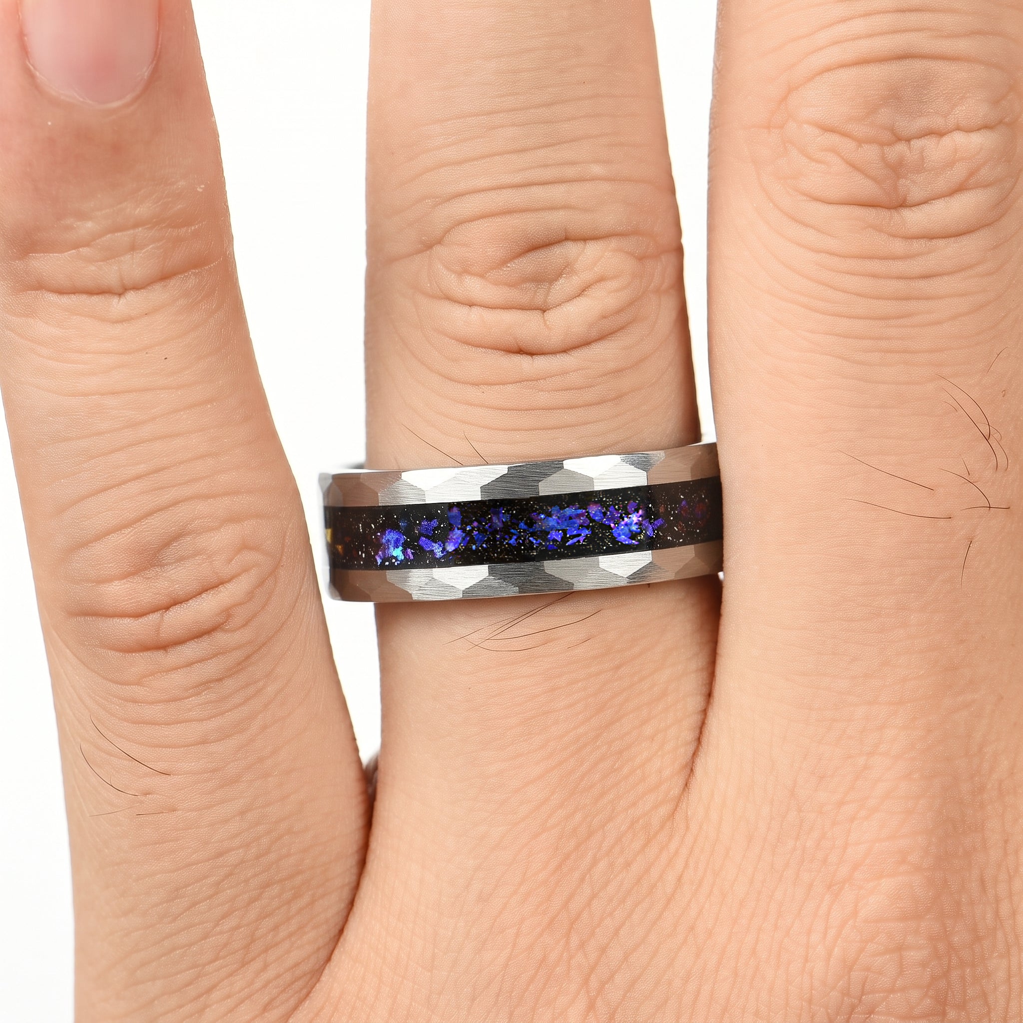 MENS WEDDING RING ORION NEBULA TUNGSTEN SILVER HAMMERED (8MM)