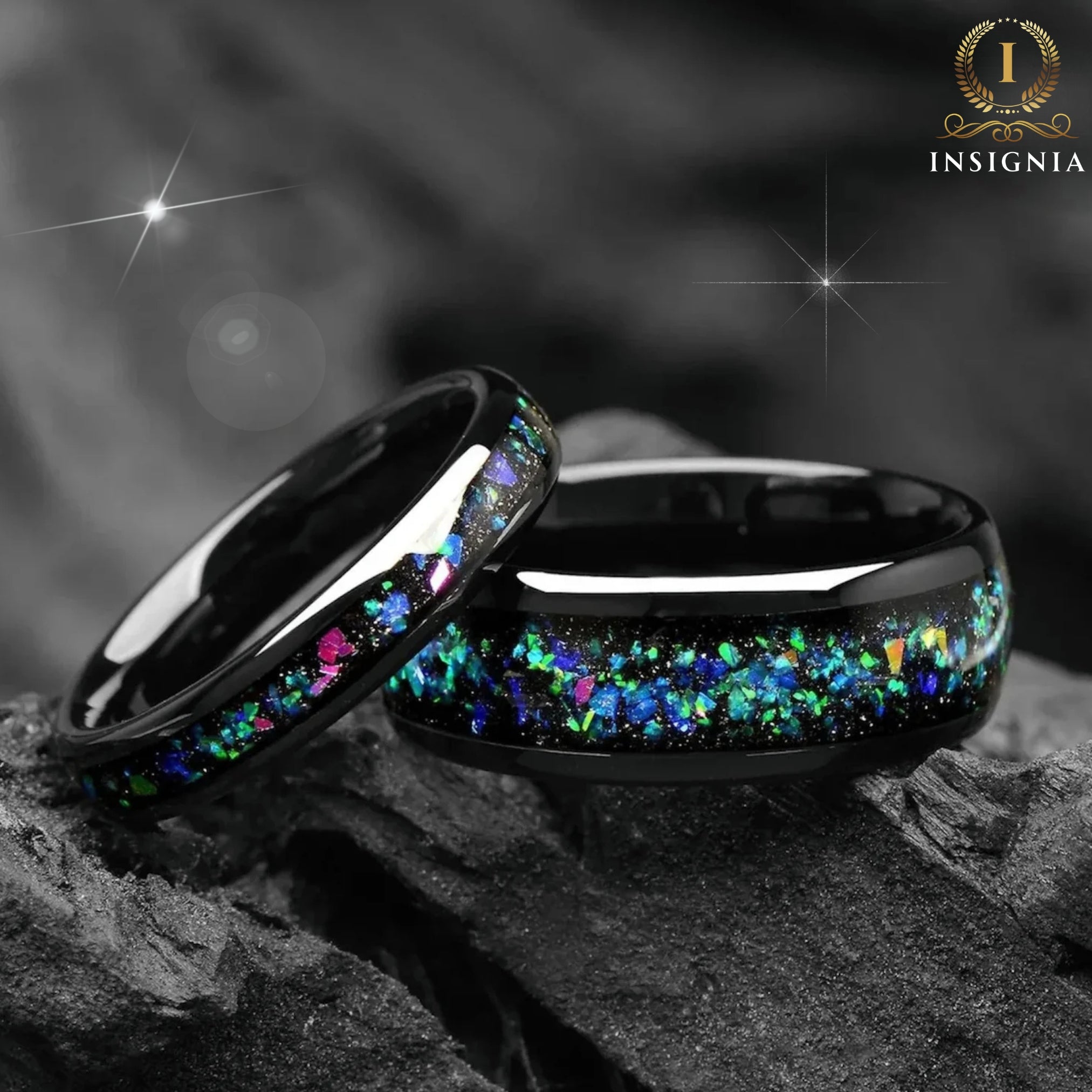 The Helion – Opals, Alexandrite & Tungsten Carbide Couple Rings