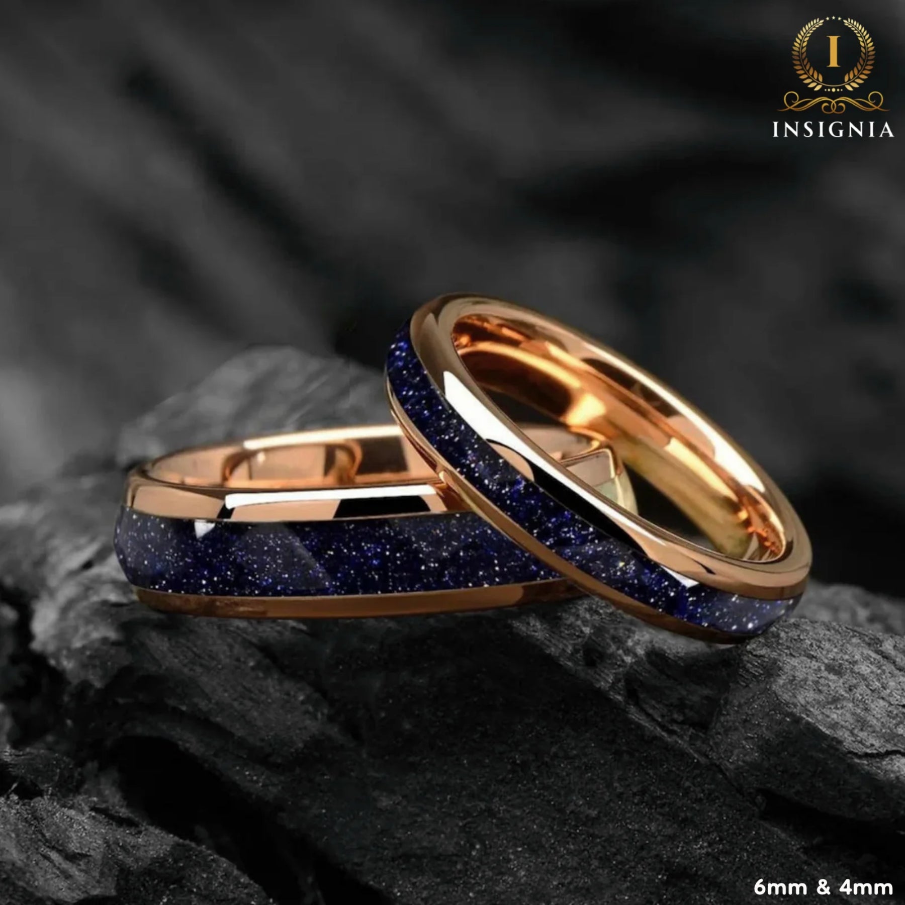 His and Hers Galaxy Space Nebula Couple Wedding Bands 6 & 4 mm - Tungsten Blue Sandstone Promise Rings for Couples - Dome Matching Ring Set - INSIGNIA