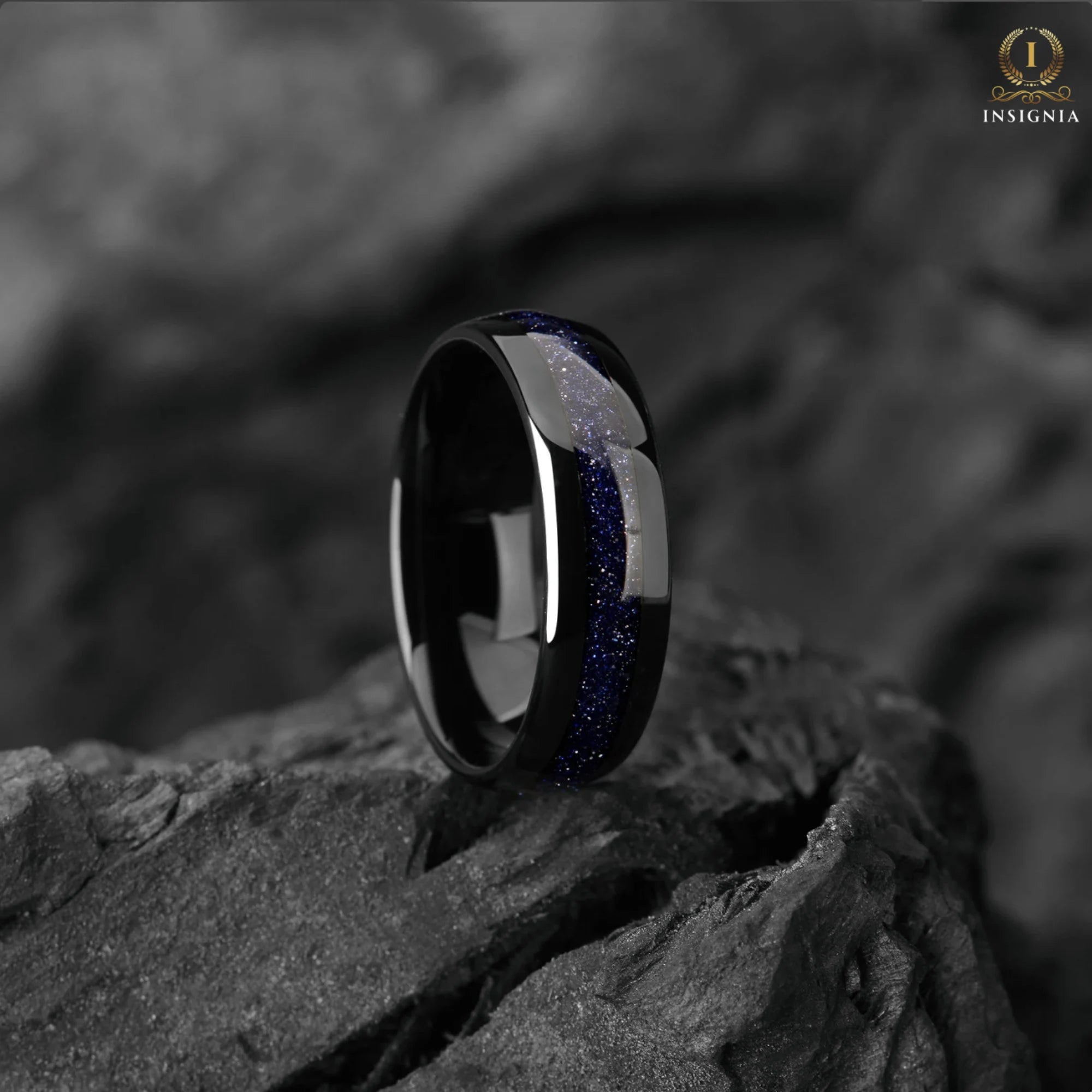 Galaxy Space Nebula Tungsten Wedding Band 6 mm - Blue Sandstone Dome Engagement / Promise Ring for Him / Her - Women & Mens Band Unique - INSIGNIA