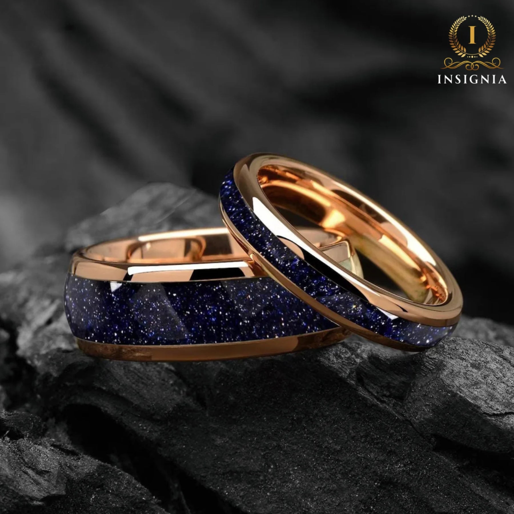 Galaxy Space Nebula His and Hers Couple Wedding Bands 4 & 8 mm - Tungsten Blue Sandstone Promise Rings for Couples - Dome Matching Ring Set - INSIGNIA