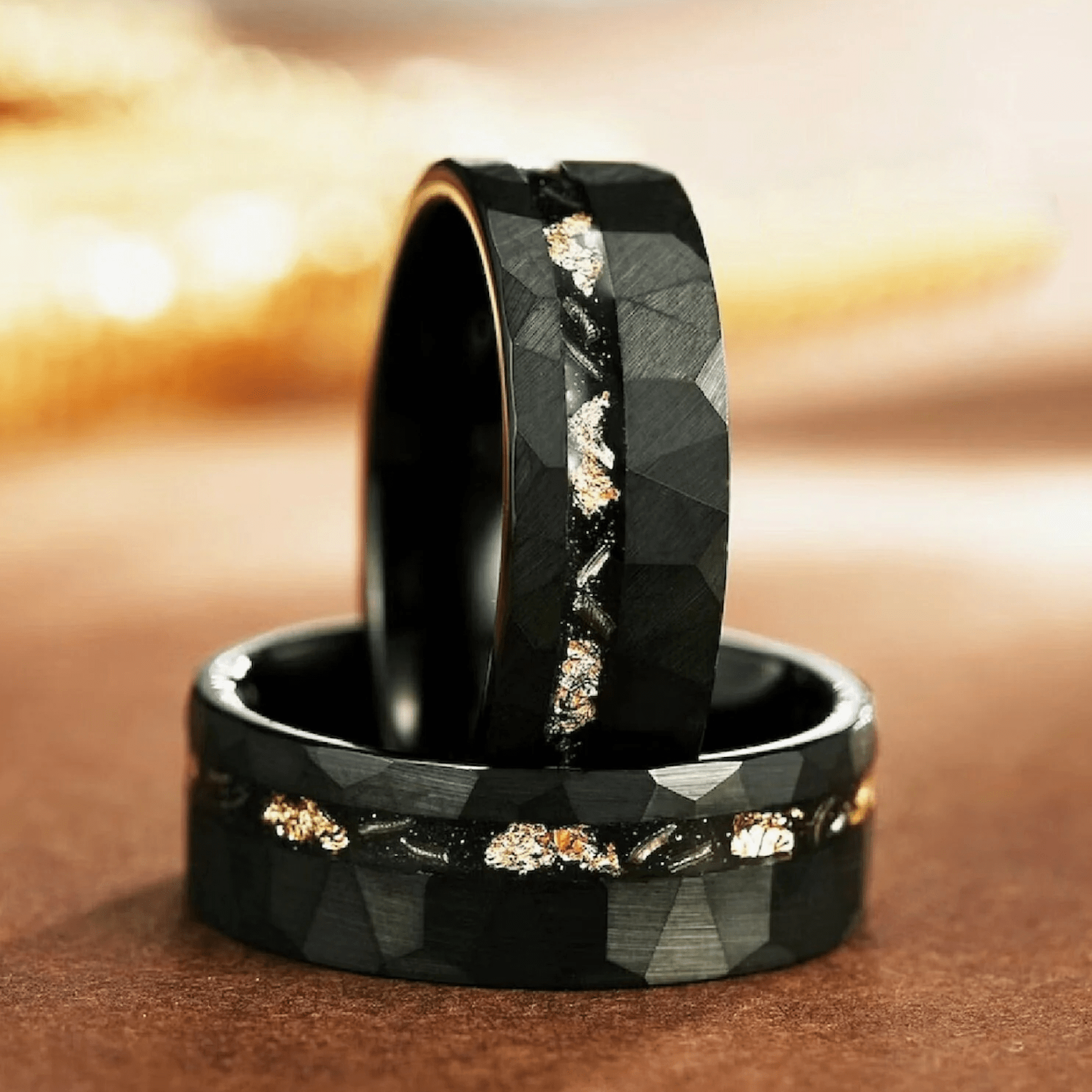 Meteorite & 24K Gold Leaf Hammered Ring for Men & Women - 6/8 mm -Mens Wedding Band Unique - Promise Ring for Him/Her - Custom Engraved - INSIGNIA