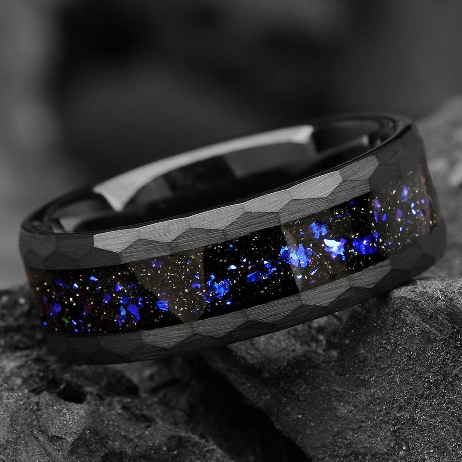 His and Hers Galaxy Space Nebula Couple Wedding Bands 4/8 mm -Tungsten Blue Sandstone Promise Rings for Couples -Hammered Matching Ring Set - INSIGNIA