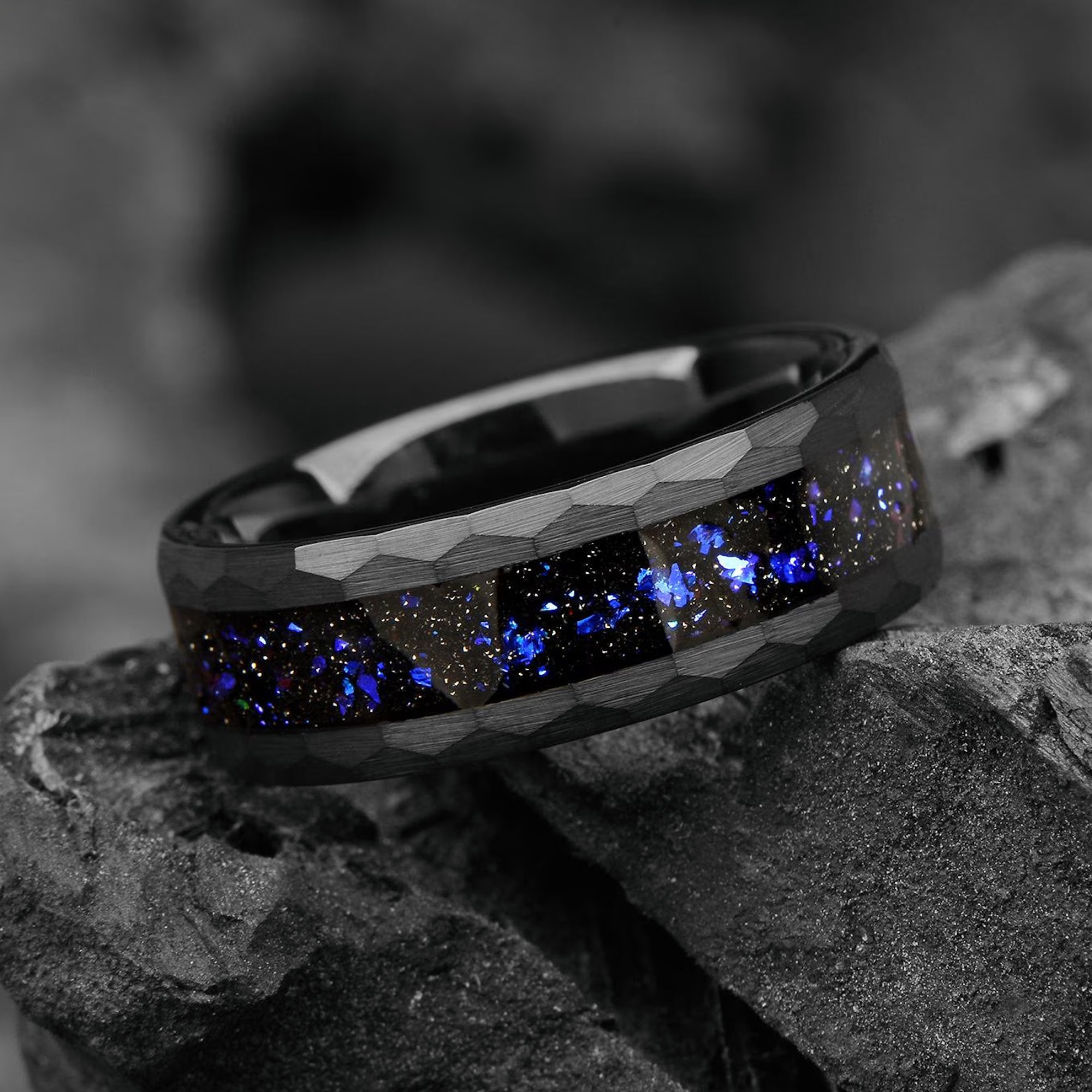 His and Hers Galaxy Space Nebula Couple Wedding Bands 4/8 mm -Tungsten Blue Sandstone Promise Rings for Couples -Hammered Matching Ring Set - INSIGNIA