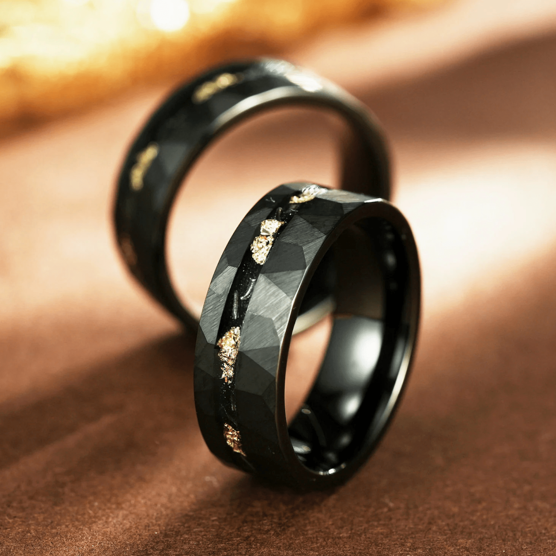 Meteorite & 24K Gold Leaf Hammered Ring for Men & Women - 6/8 mm -Mens Wedding Band Unique - Promise Ring for Him/Her - Custom Engraved - INSIGNIA