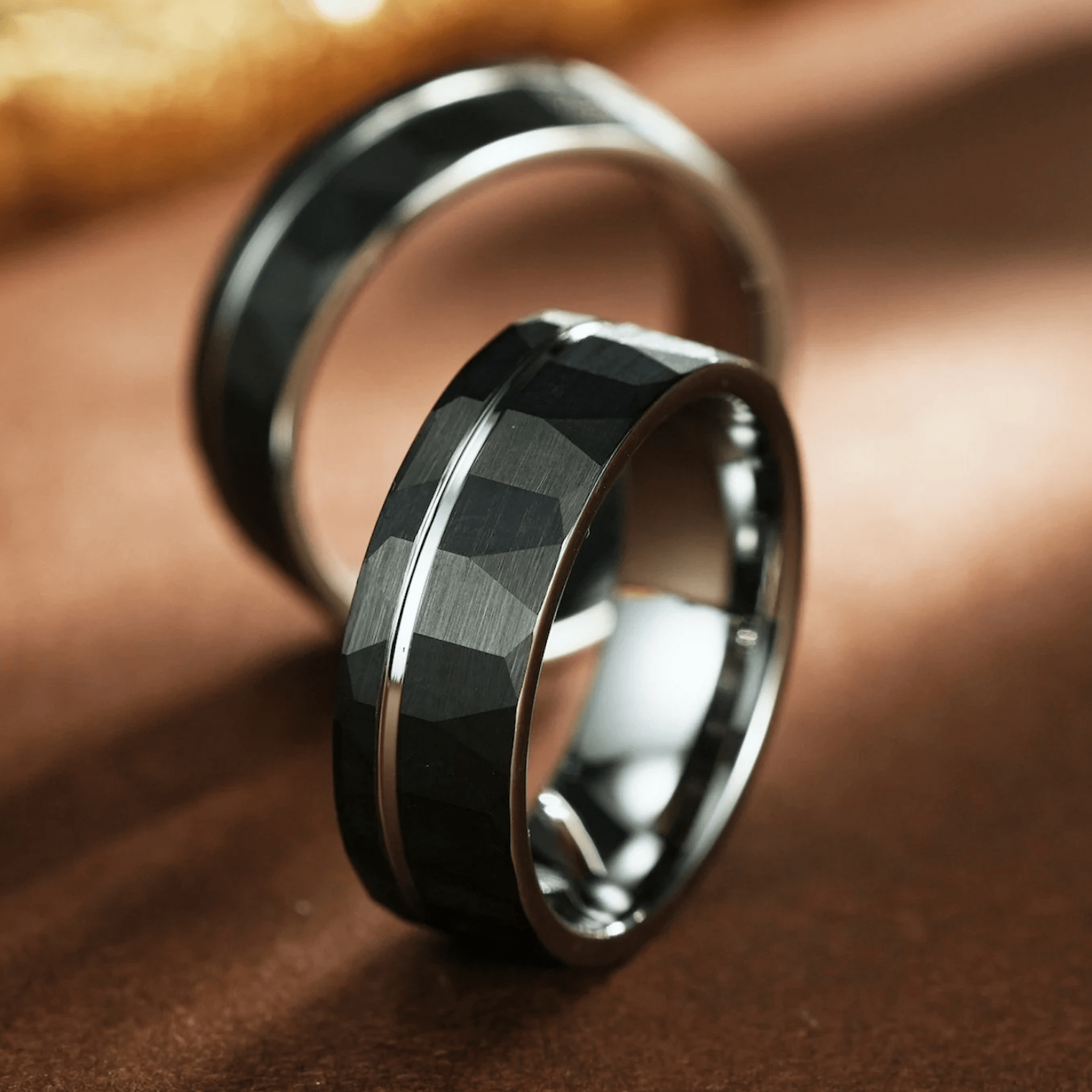 Hammered Silver & Black Wedding Ring With White Gold Strip 8mm - Simple Promise/Engagement Ring for Him - Unique Mens Tungsten Carbide Band - INSIGNIA