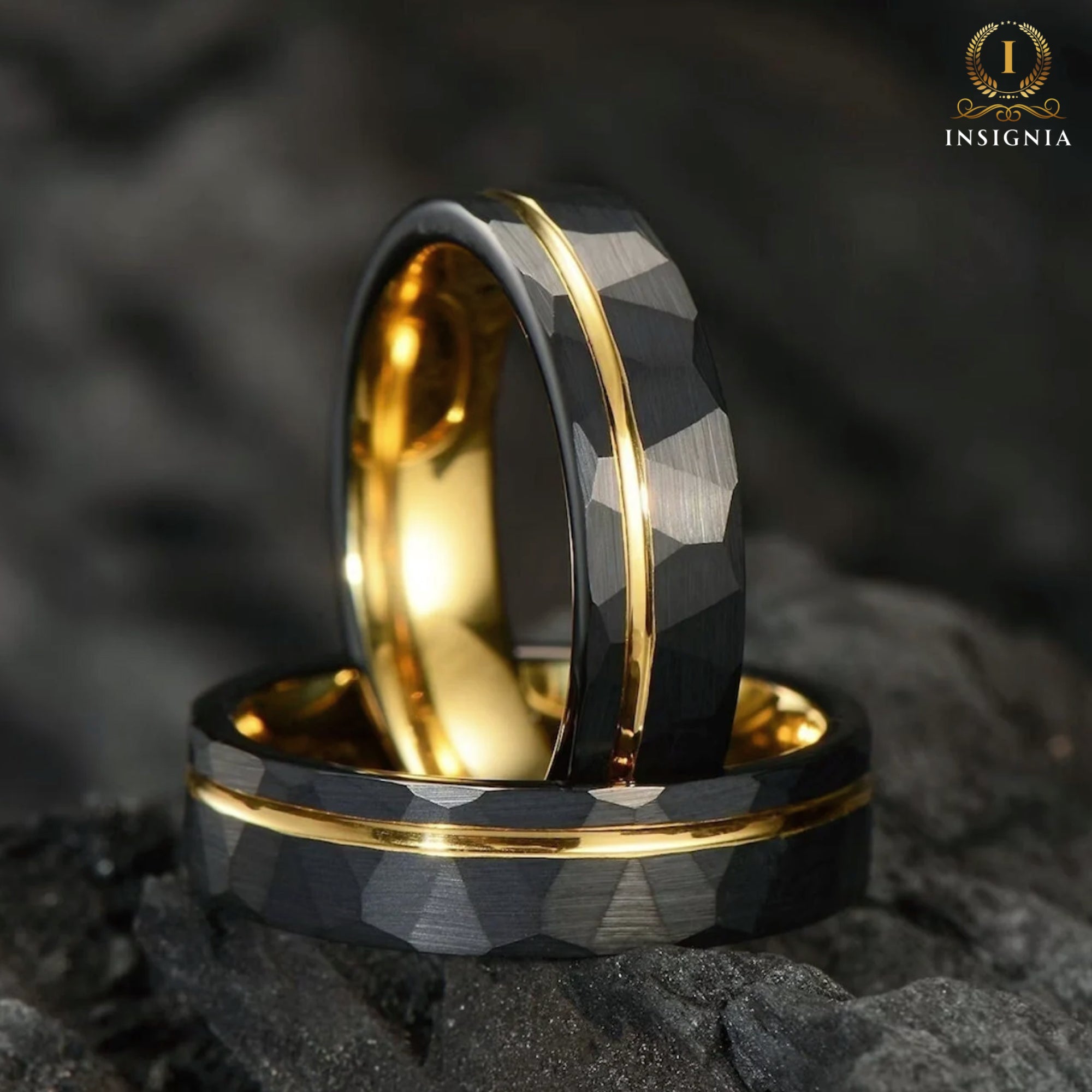 Hammered Yellow Gold & Black Tungsten Ring 6mm - 18K Gold Mens/ Women Wedding Band Unique - Engagement/ Promise Ring for Him - Birthday/ Anniversary Gift - INSIGNIA