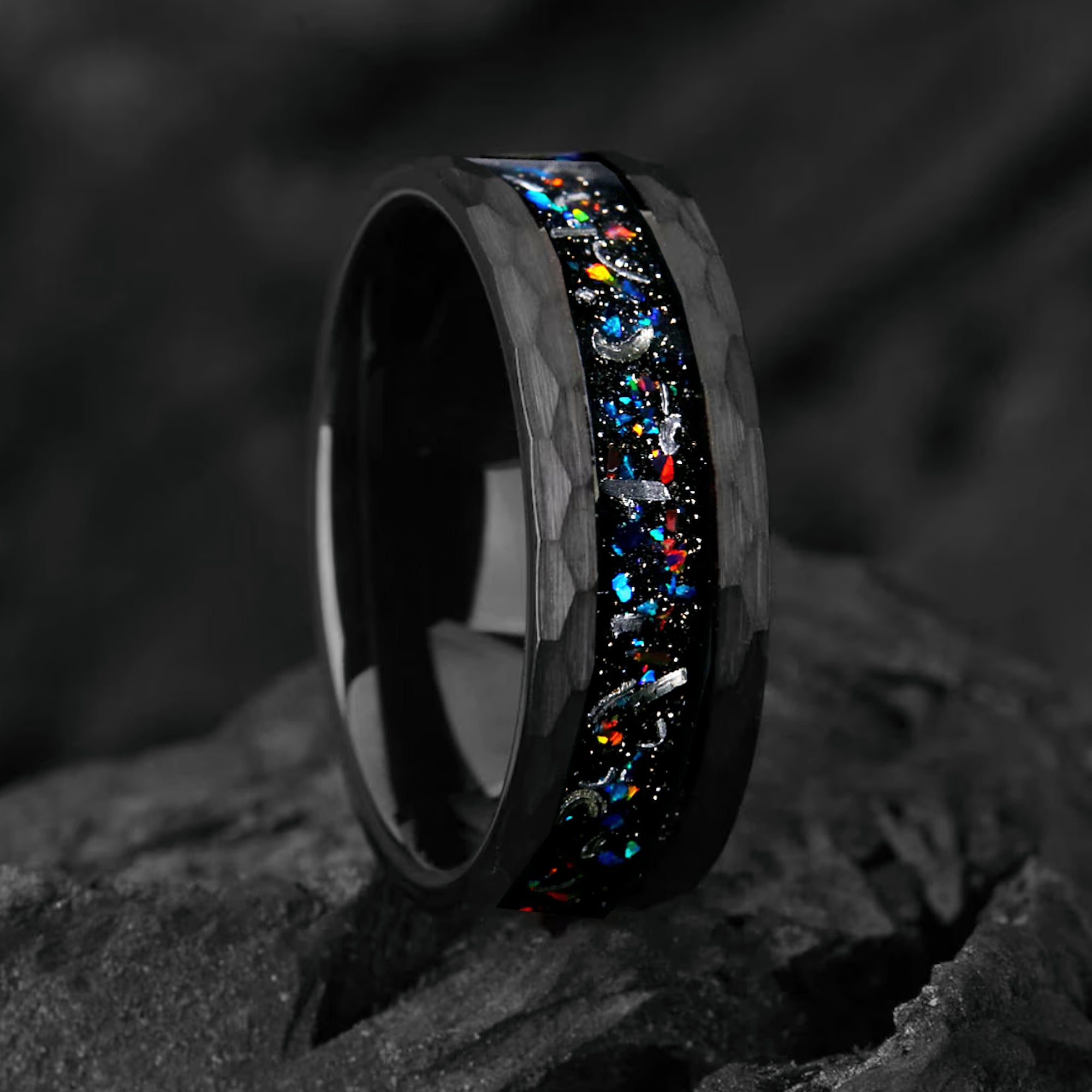Galaxy Meteorite & Fire Opal His and Hers Wedding Bands 6 /8 mm Black Hammered - Promise Rings for Couples - Space, Matching Couple Ring Set - INSIGNIA