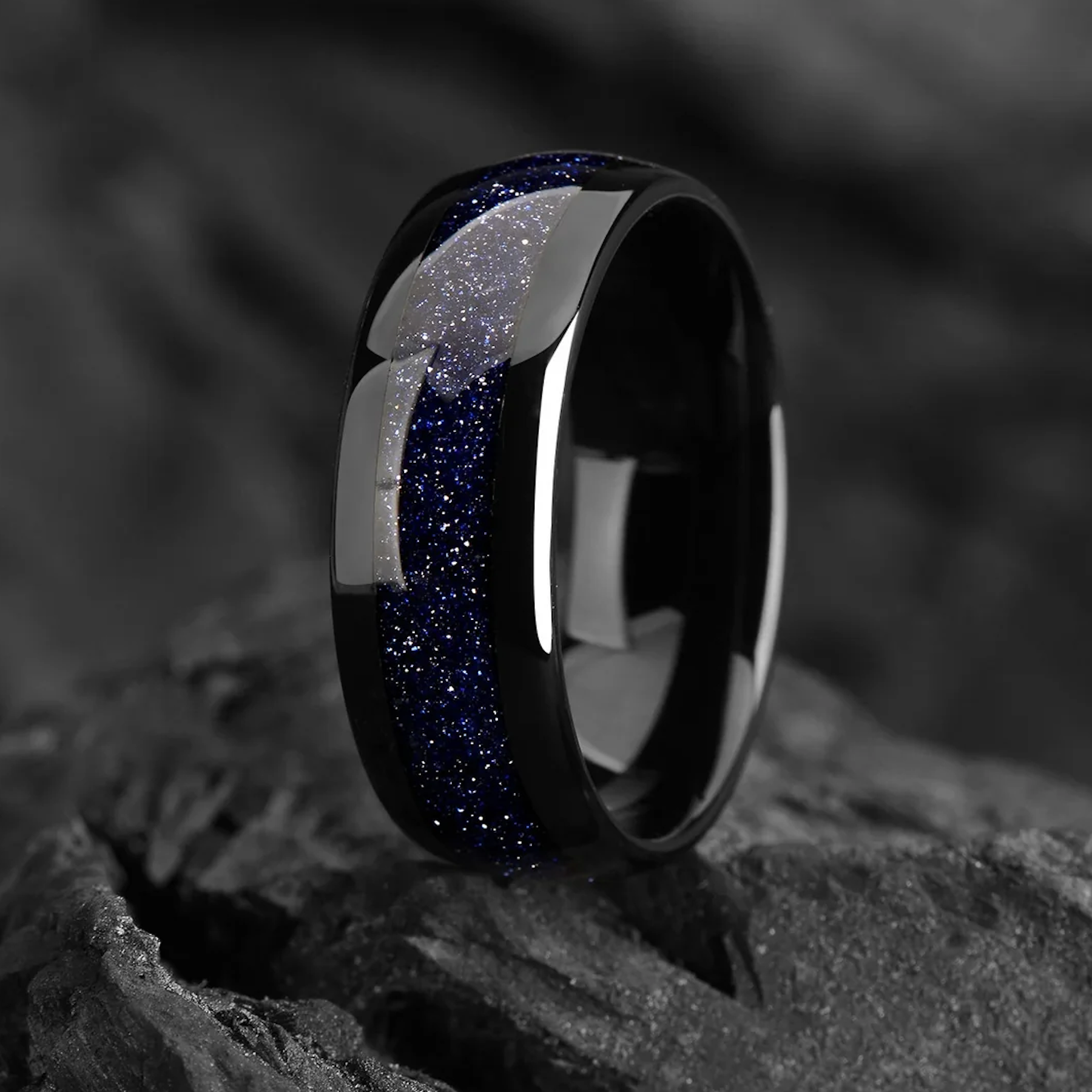 Galaxy Space Nebula Tungsten Wedding Band 8/6/4 mm - Blue Sandstone Dome Engagement / Promise Ring for Him / Her - Women & Mens Band Unique - INSIGNIA