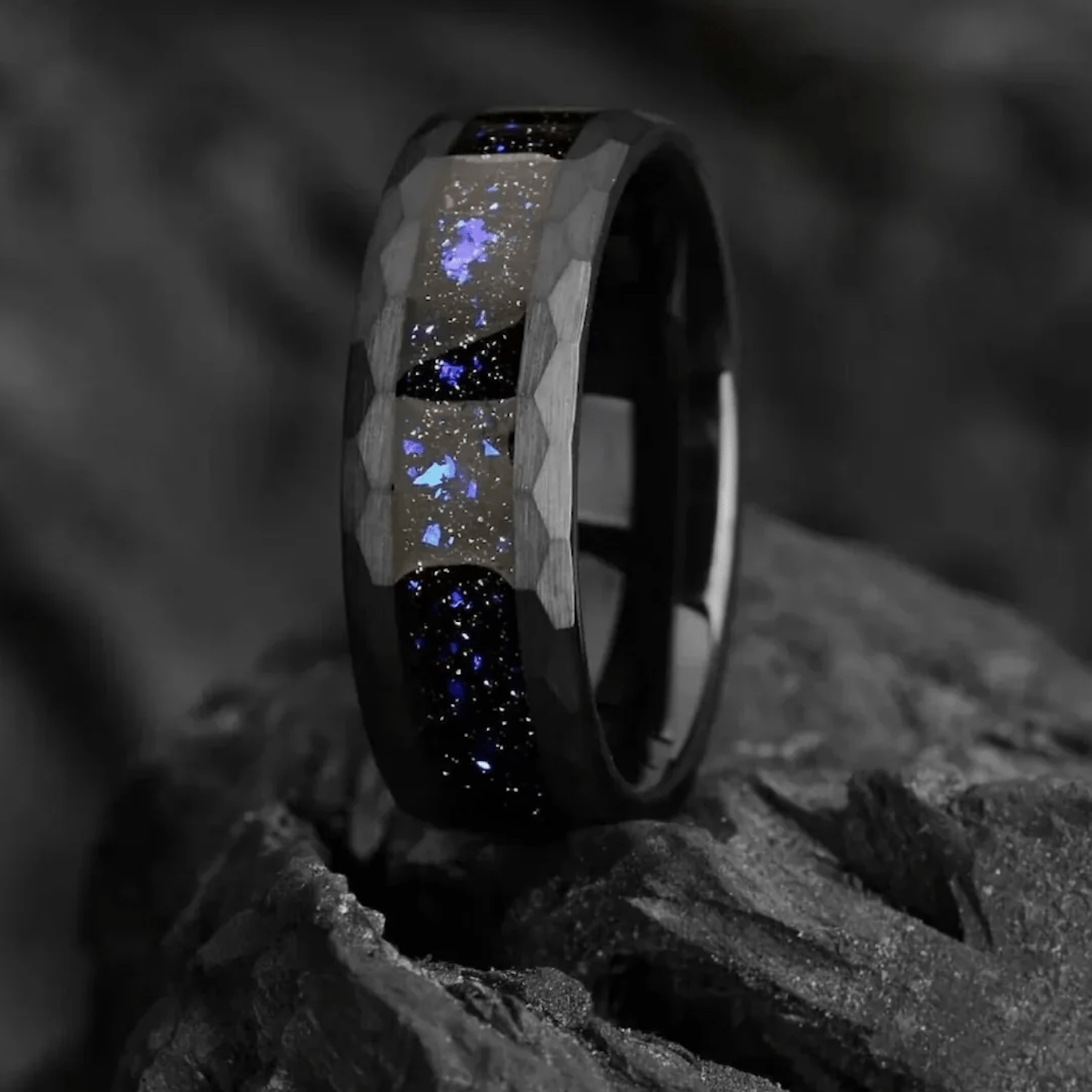 The Orion - Hammered Nebula Man Wedding Black Steel Hammered Band, Anniversary Engagement Promise Blue Galaxy Cosmos Inlay Ring For Him Gift - INSIGNIA