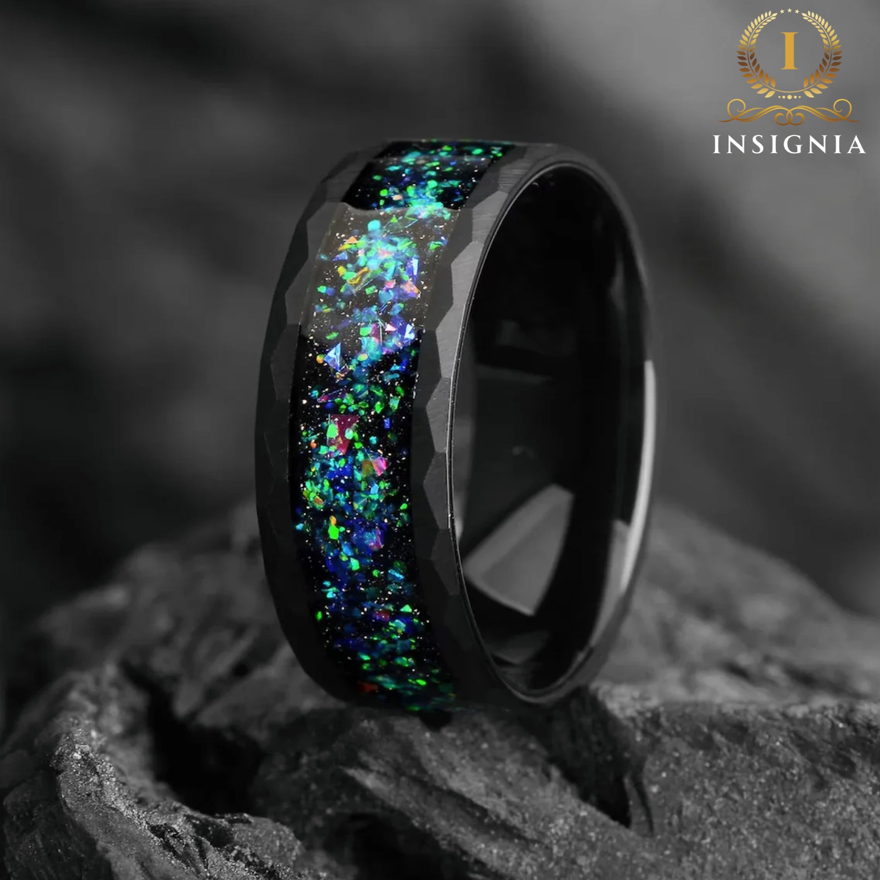 Galaxy Opal & Alexandrite Mens Hammered Tungsten Wedding Band 8mm - Engagement/ Promise Ring For Him - Birthday Anniversary Gift - INSIGNIA