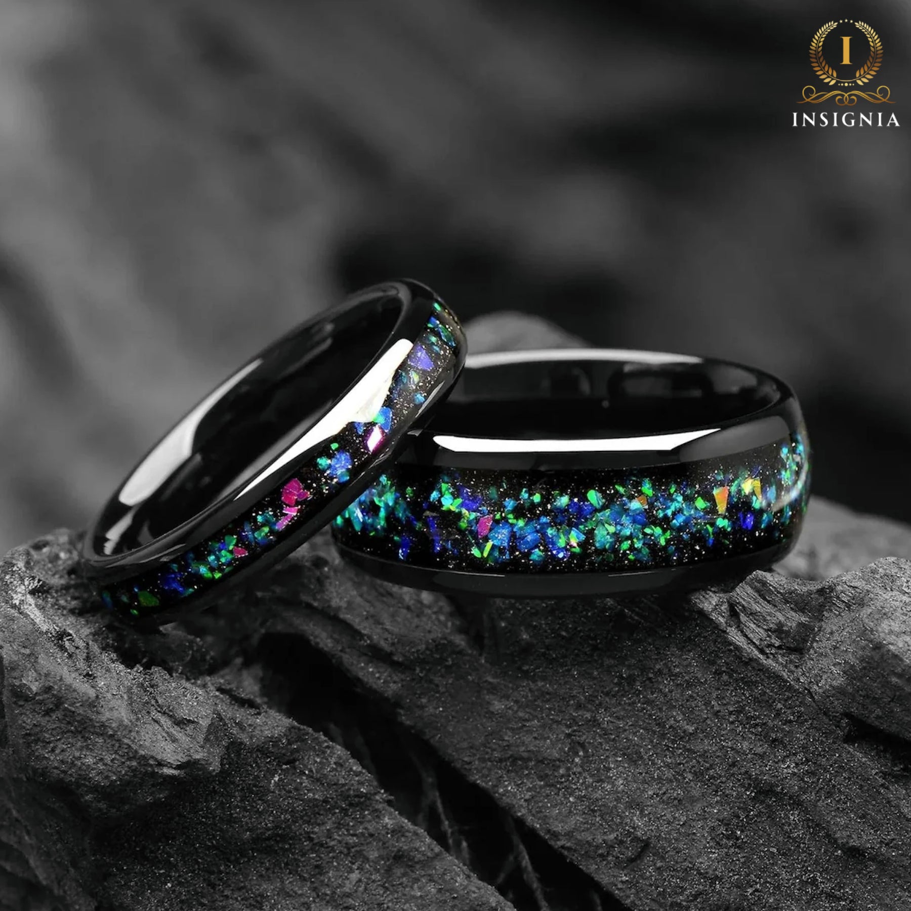 Galaxy & Opal Black Wedding Ring Set His and Hers  - Alexandrite Promise Rings - 4/8mm - Space Matching Couples Rings - Couple Wedding Bands - INSIGNIA