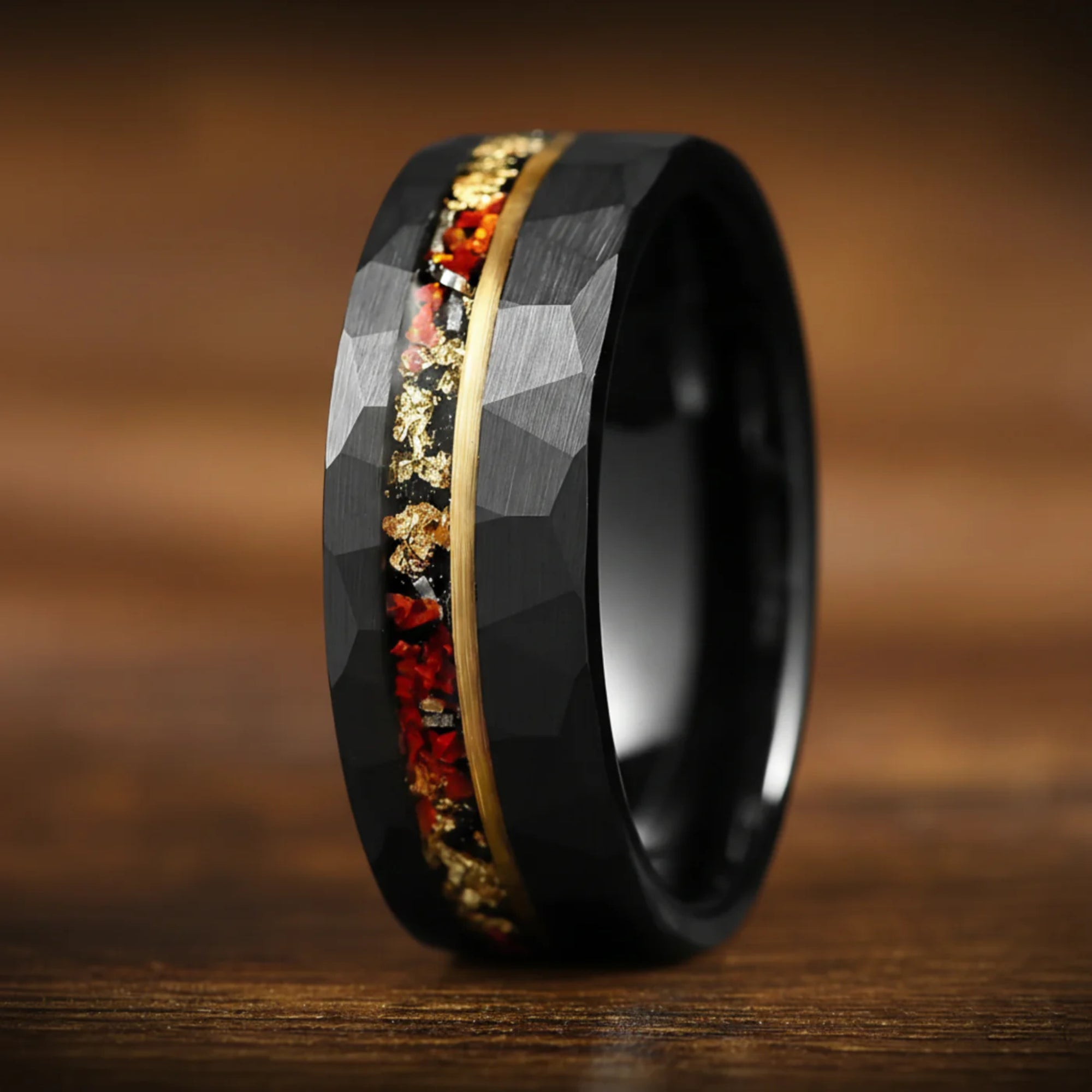 Affordable wedding ring sets black tungsten with opal and gold accents