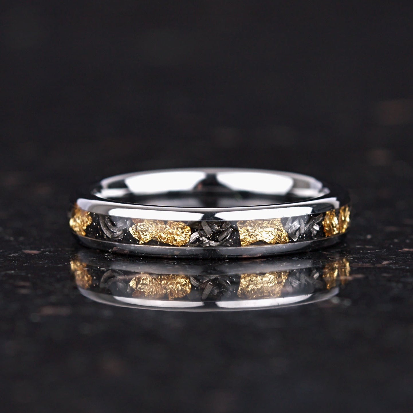 Affordable wedding rings set with authentic meteorite and unique design