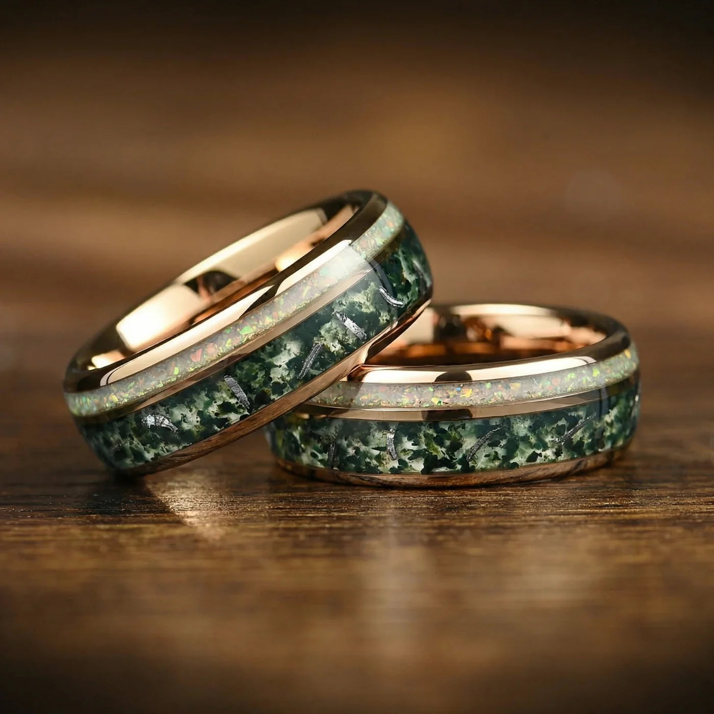 Band rings with moss agate and white fire opal in tungsten carbide design