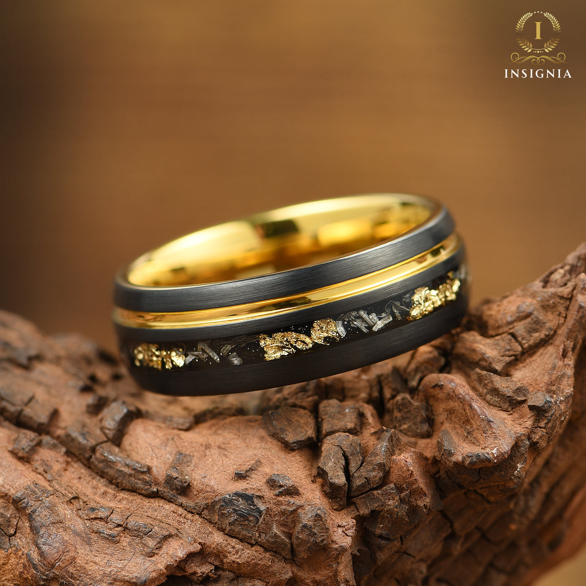 Black Male Wedding Band with Meteorite Inlay and Gold Leaf Angle View