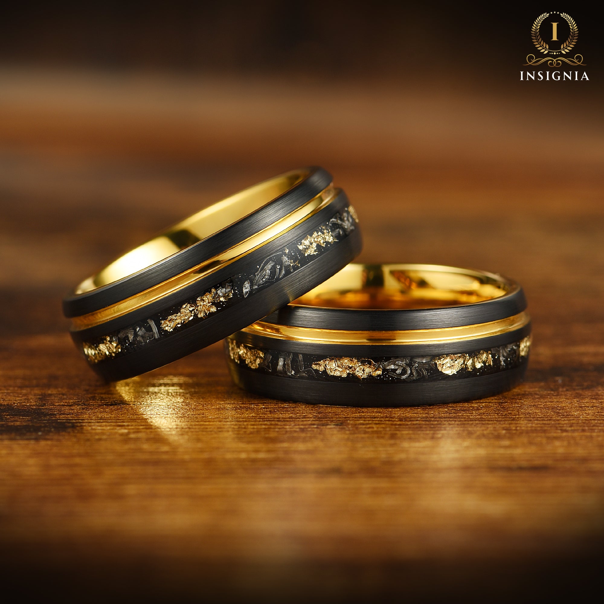 Black Male Wedding Band with Meteorite Inlay and Gold Leaf Detail Close Up View