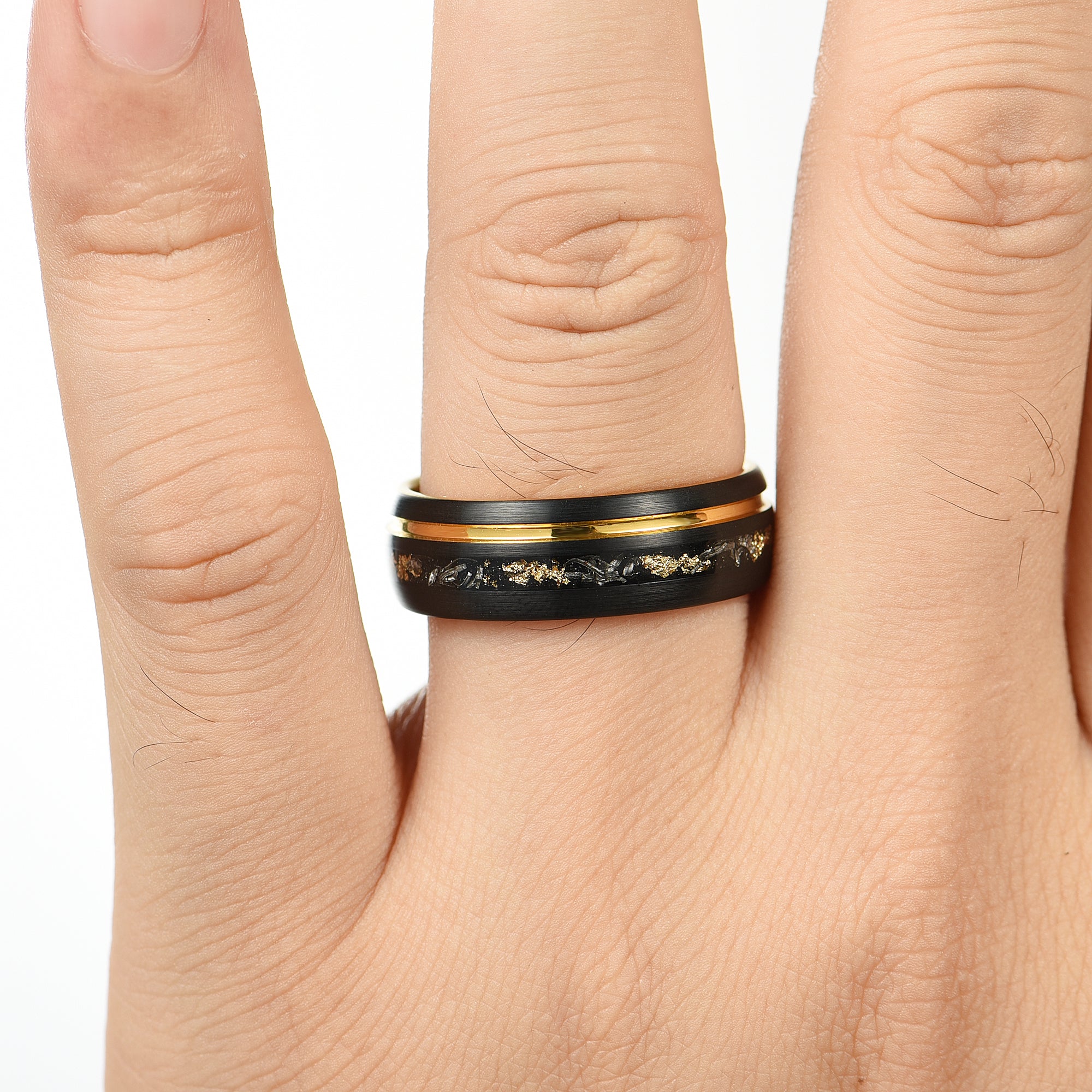Black Male Wedding Band with Meteorite Inlay and Gold Leaf Detail Male Hand Display