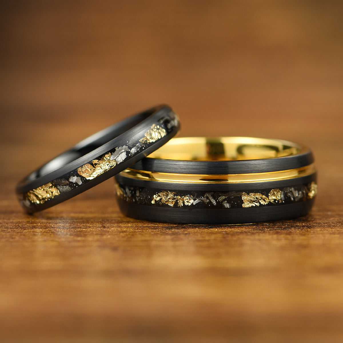 Black Male Wedding Band with Meteorite Inlay and Gold Leaf Set View