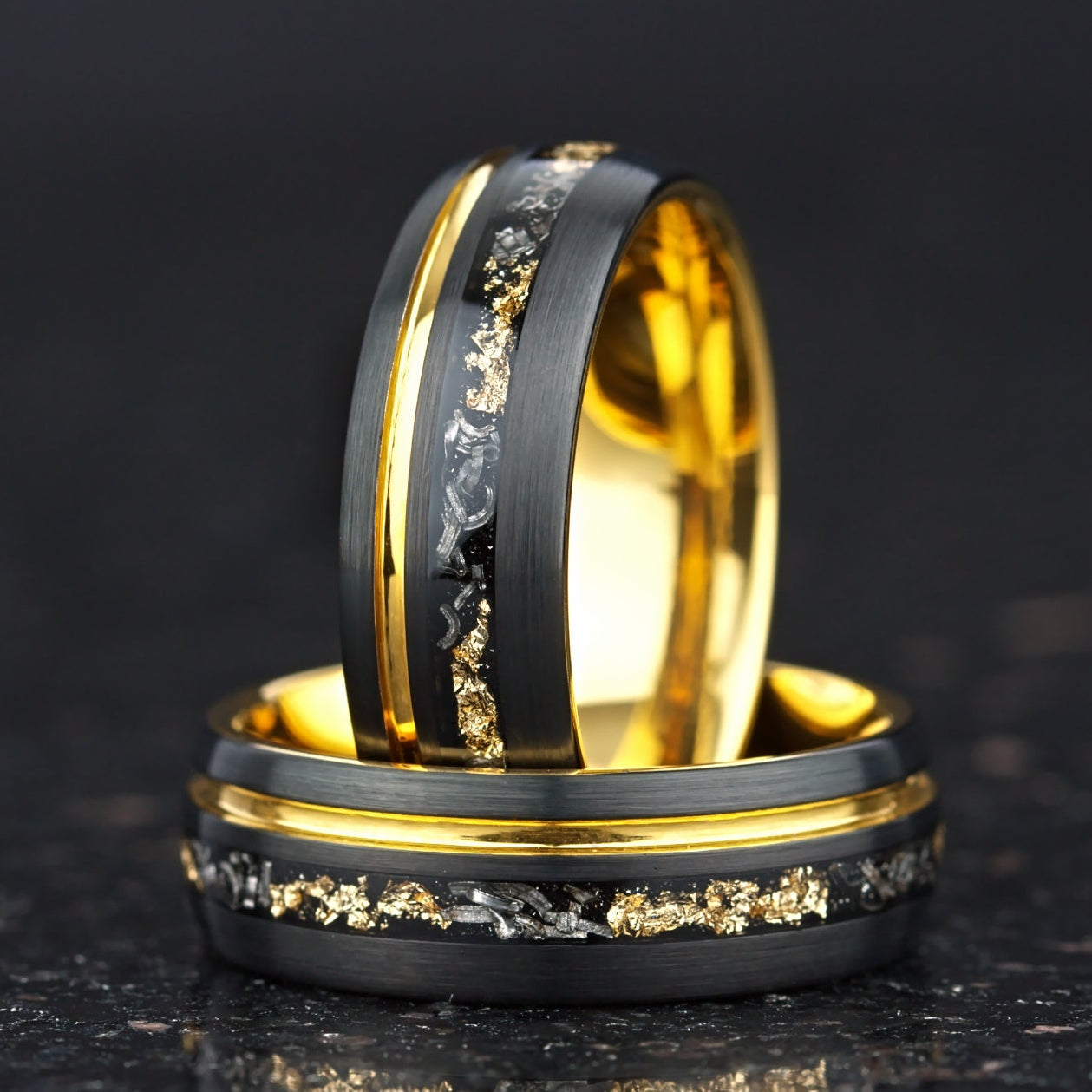 Black male wedding band with meteorite inlay and gold leaf detail main view