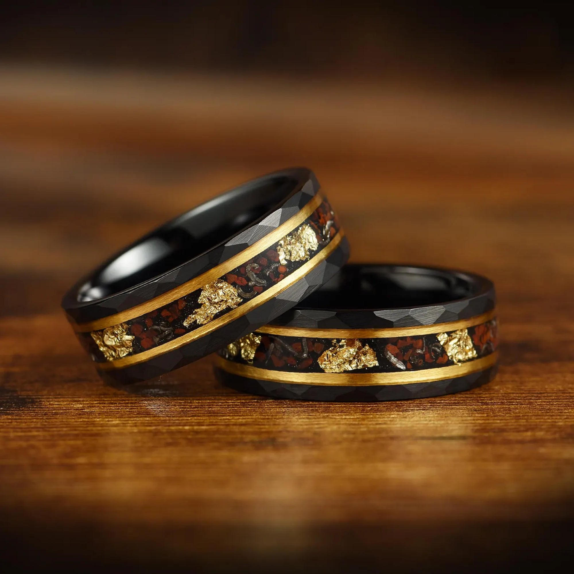 Masculine rings design in black with hammered texture and unique inlay