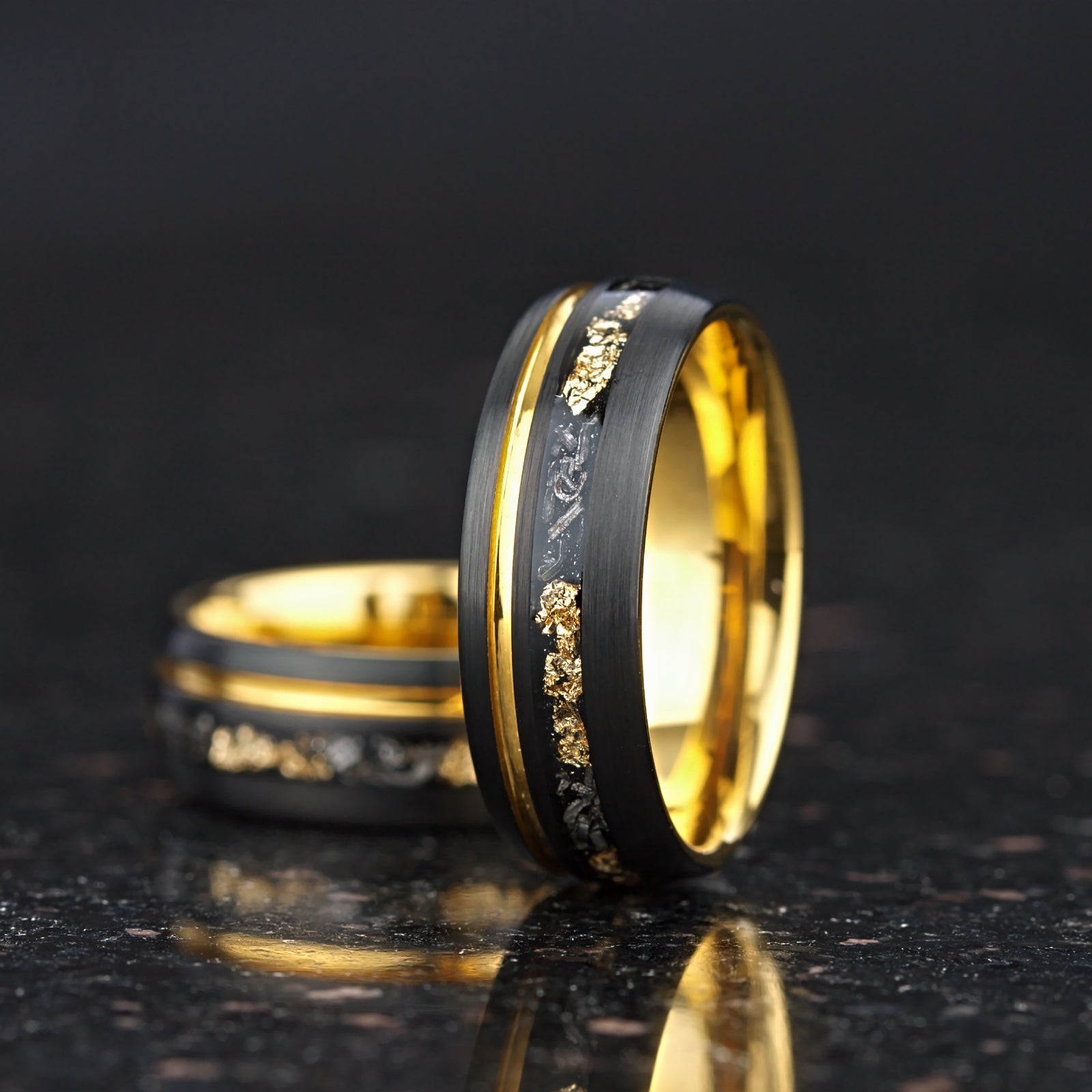 Black mens wedding band with polished edges and unique inlay design