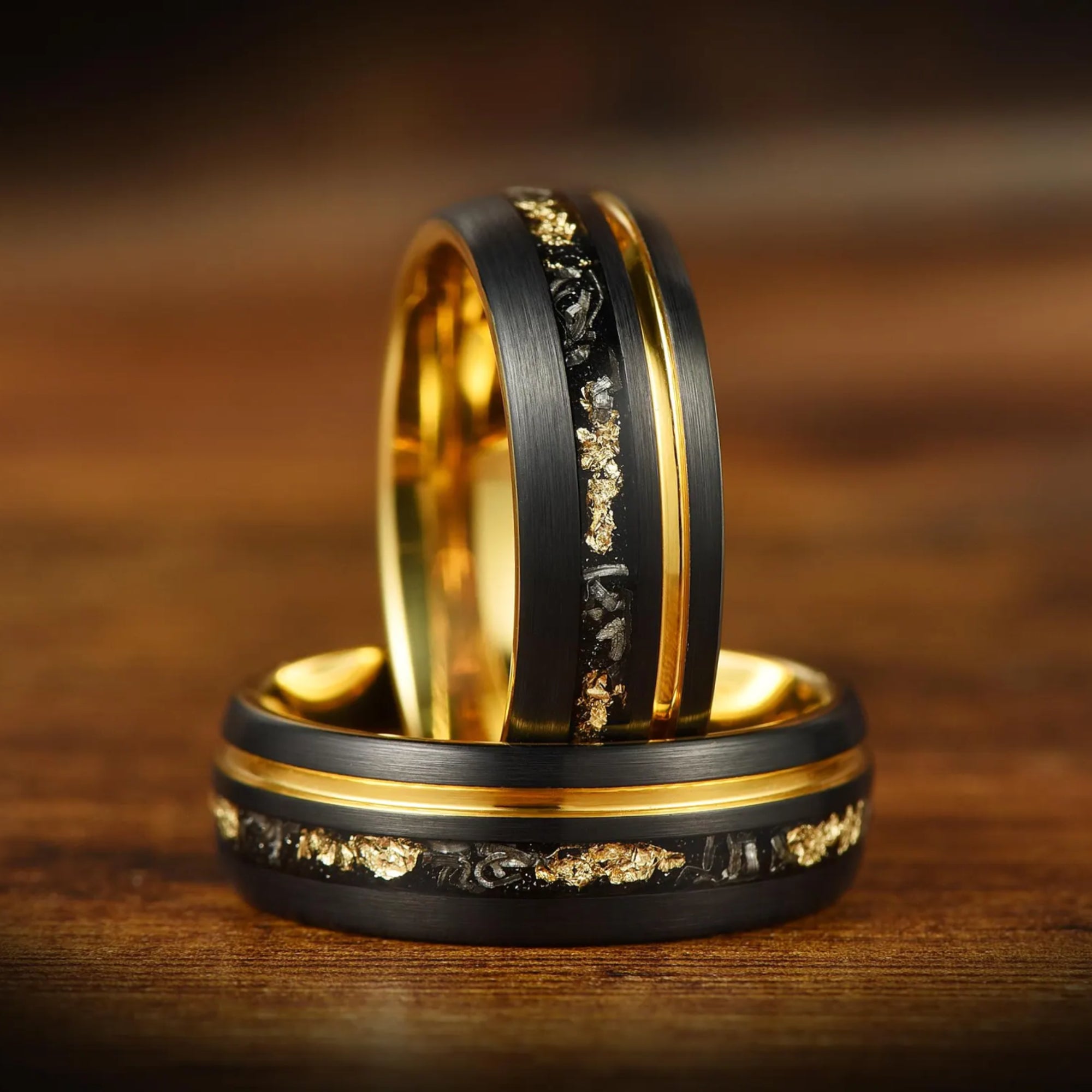 Black mens wedding band with polished edges and unique inlay design