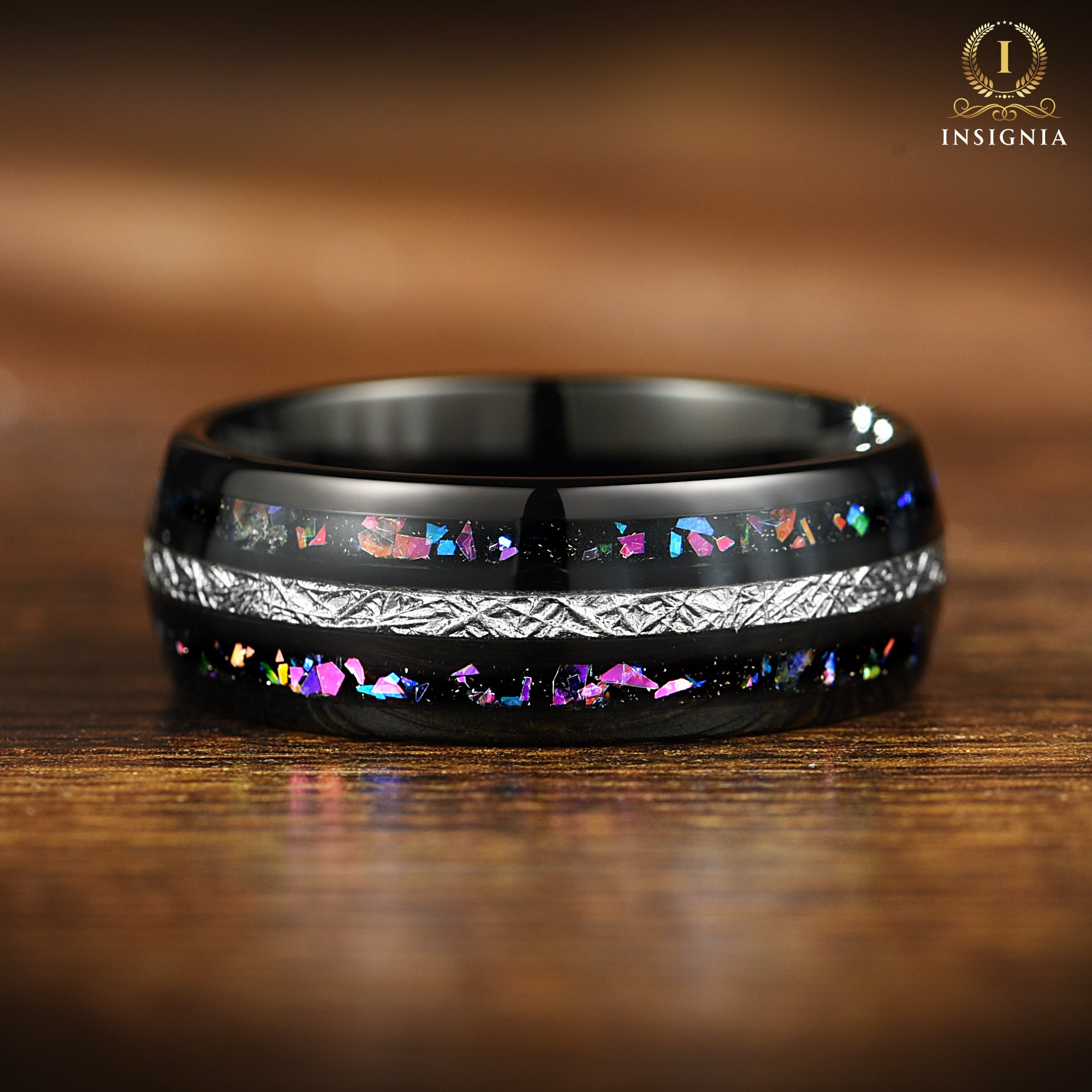 Unique Black Opal Ring Engraved Tungsten Galaxy Mens Band