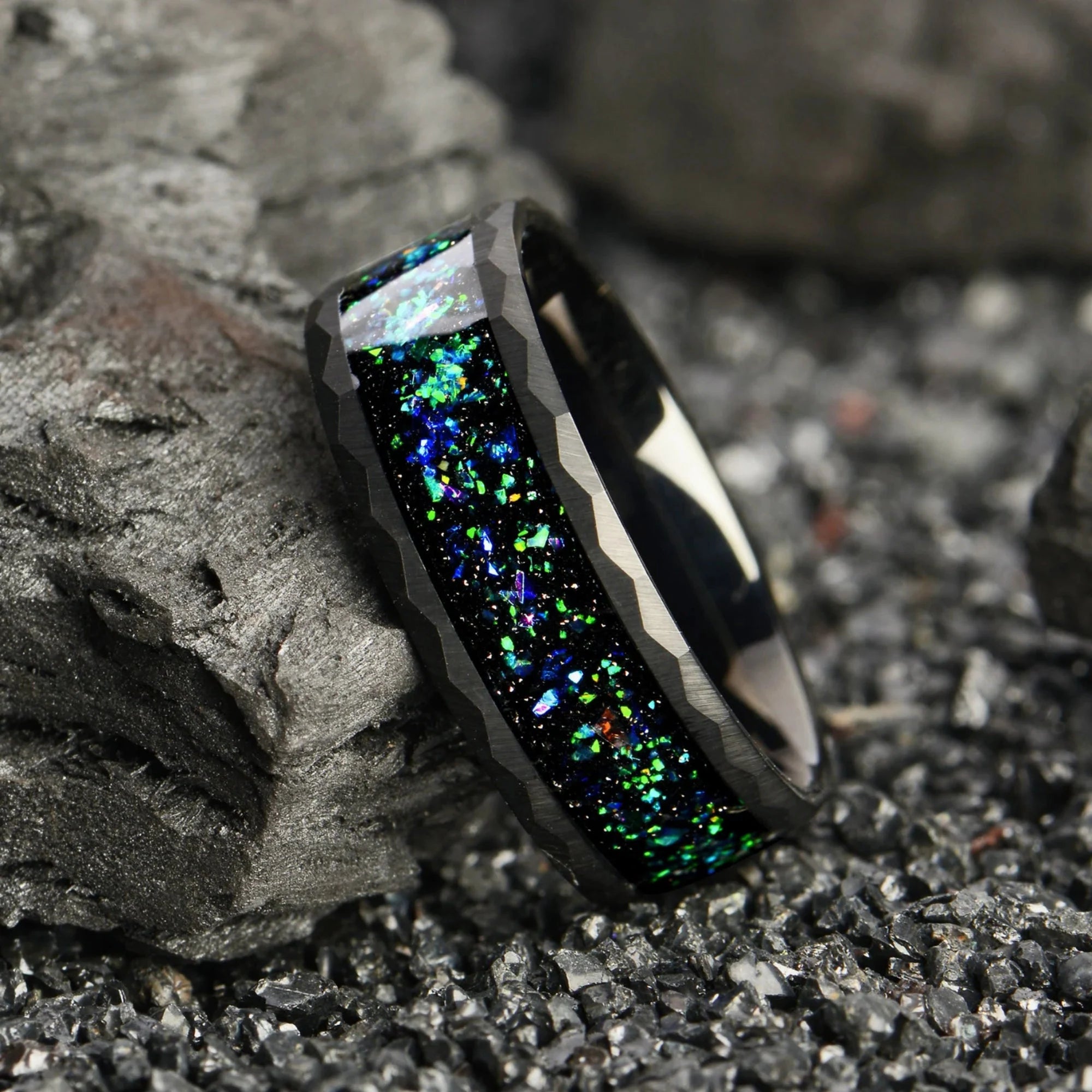 Black Rings Men Opal Closeup View