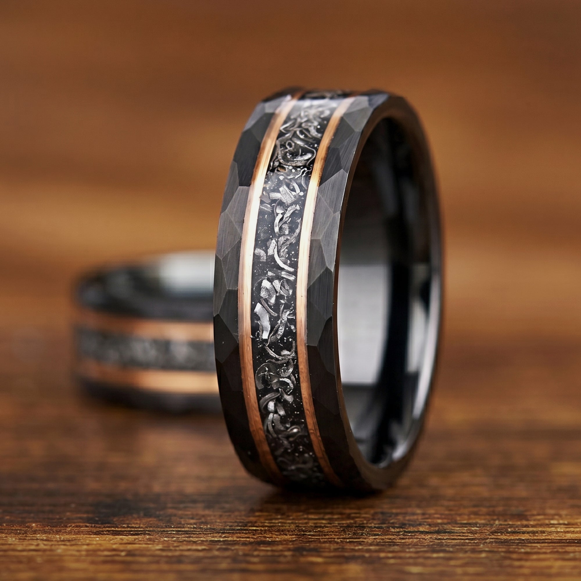 Black tungsten ring 8mm width with hammered outer texture
