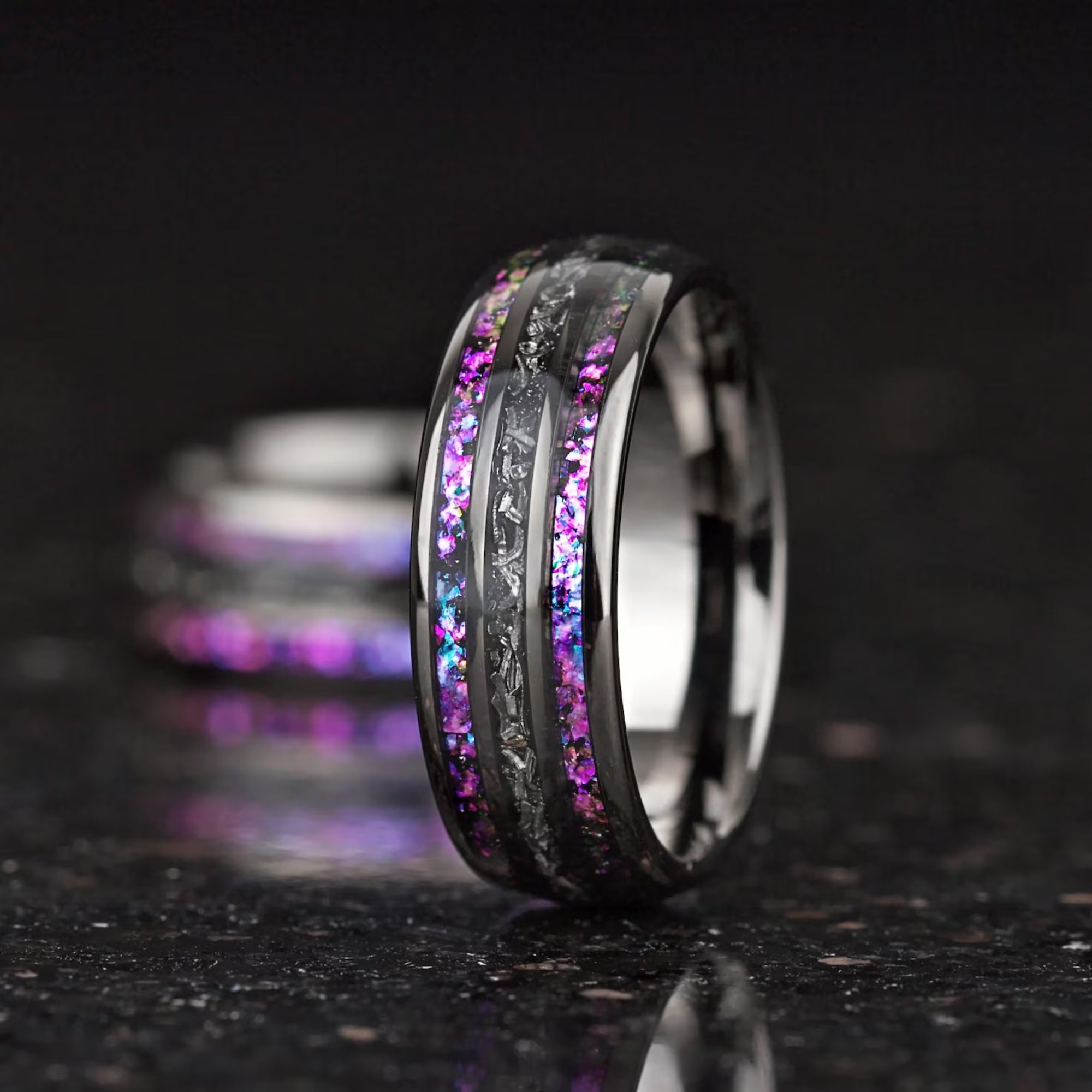 Black tungsten ring 8mm width with textured meteorite inlay