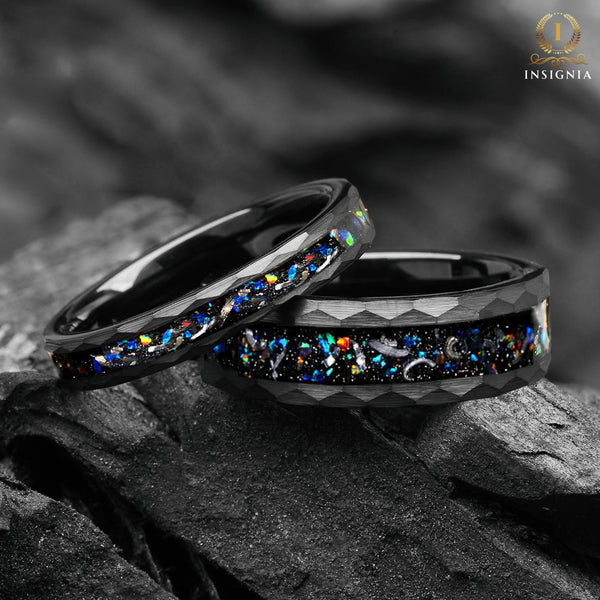 Engraved Black Wedding Bands For Him Meteorite Dark Opal