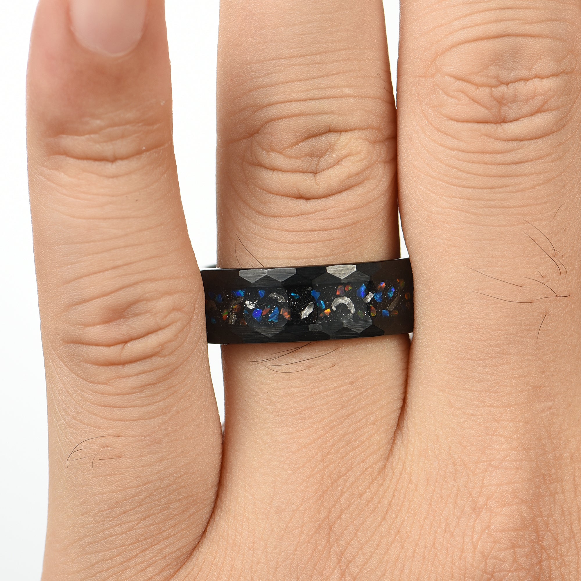 Black Wedding Bands Him Meteorite Opal Male Hand Display