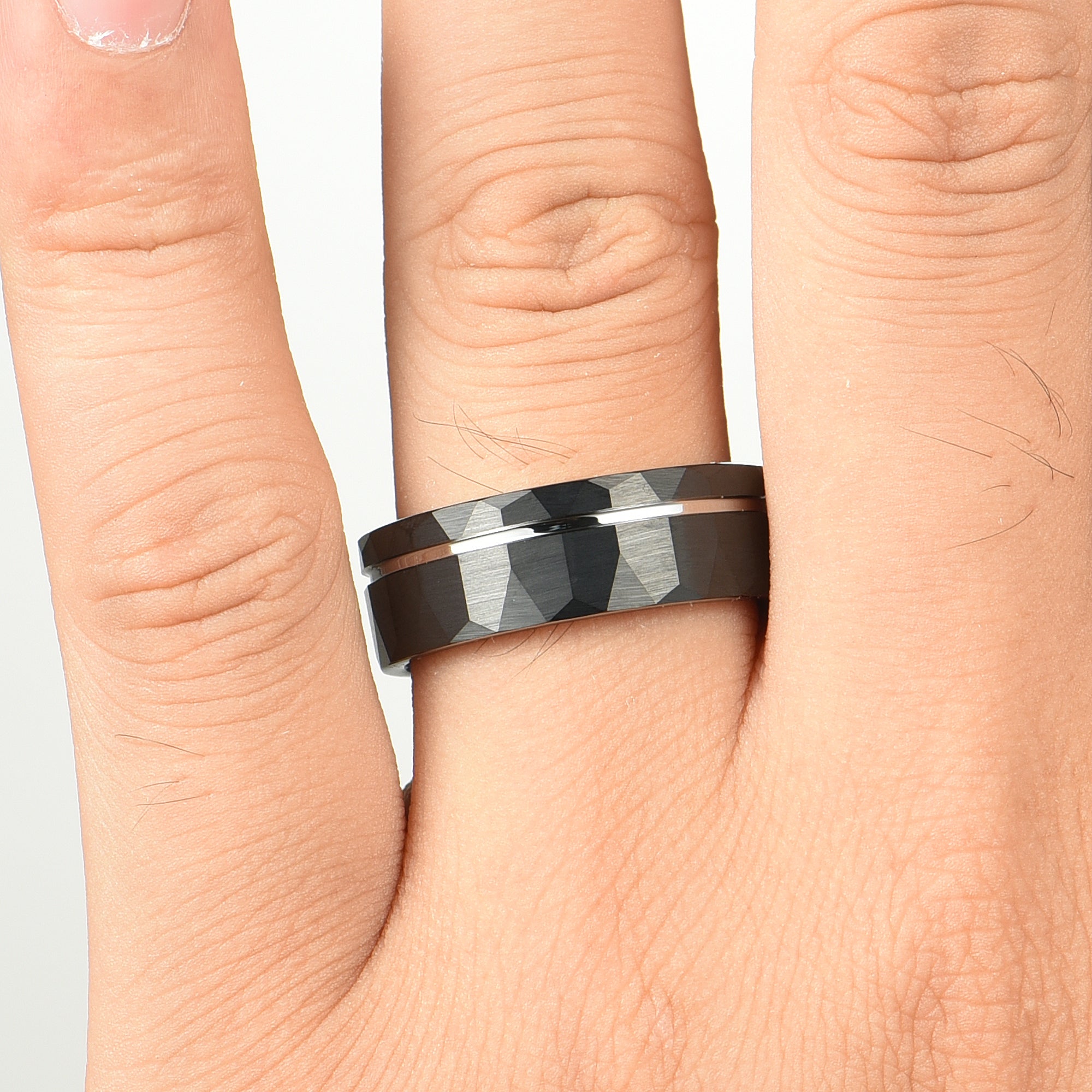 Black Wedding Bands White Gold Hand View 
