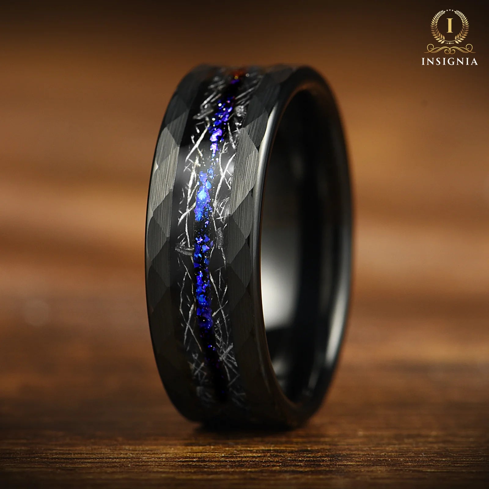 MATCHING SET IN WEDDING BAND WITH REAL METEORITE - ORION NEBULA INLAY