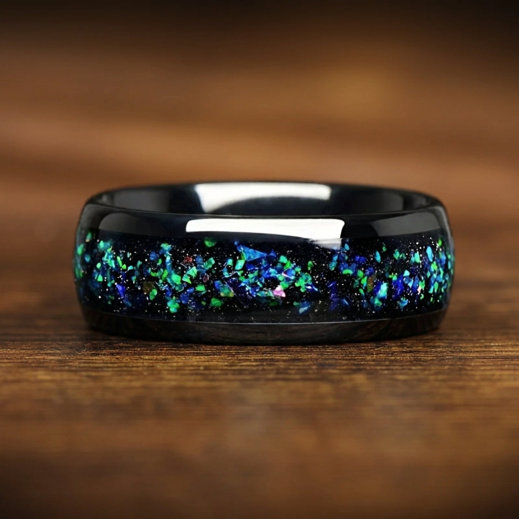 Black Wedding Rings Men Opal Close Up View
