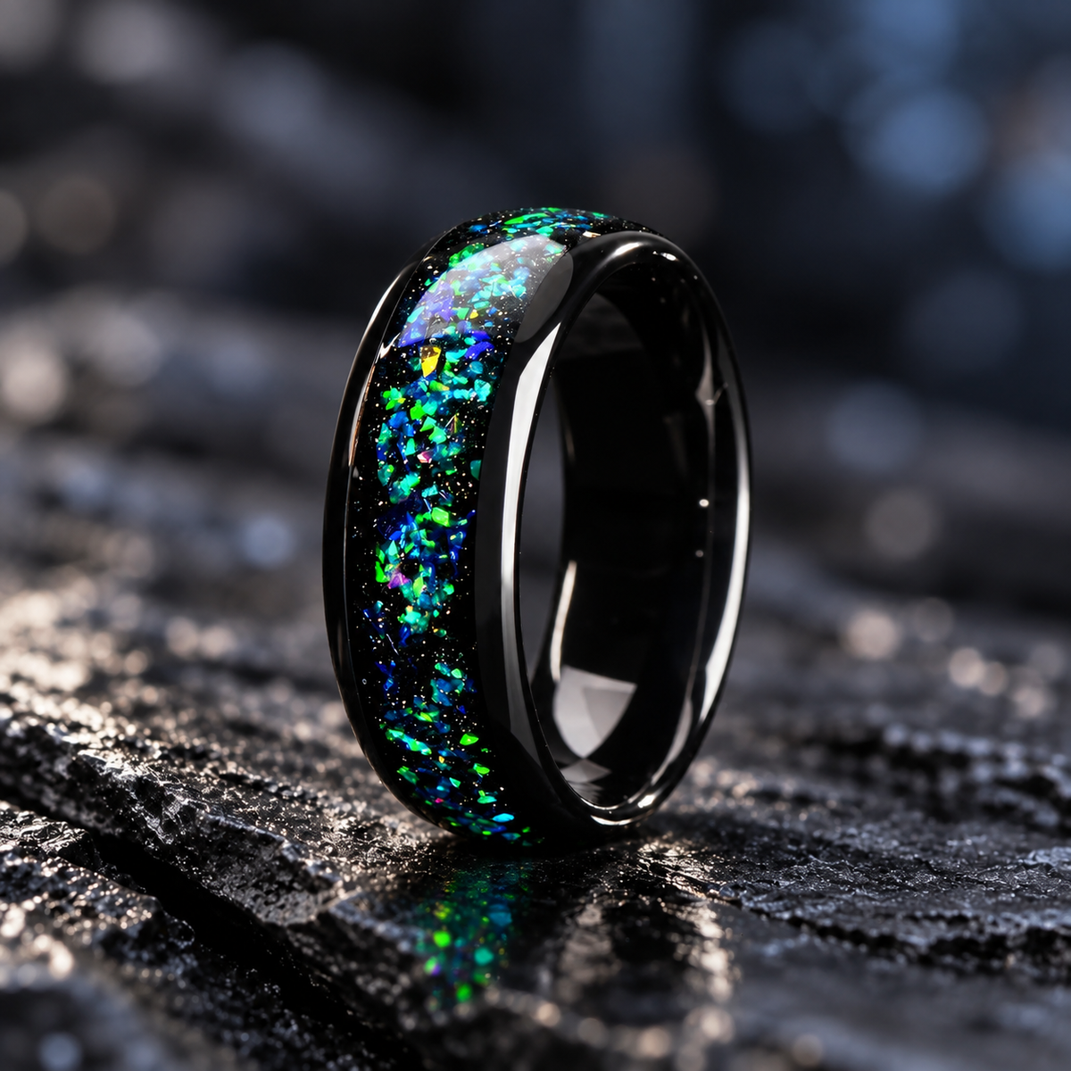 Black Wedding Rings Men Opal Close Up View
