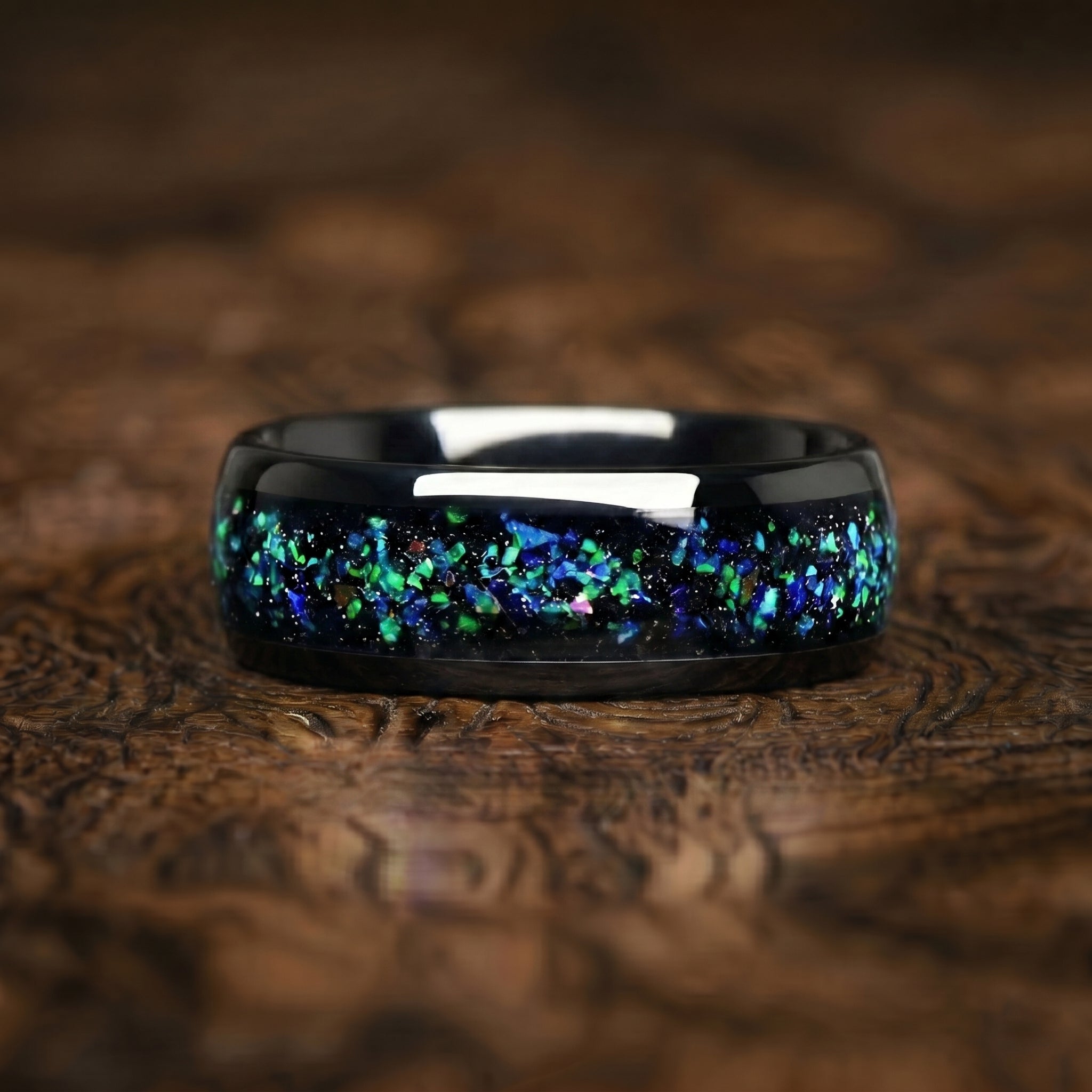 Black Wedding Rings Men Opal Front View