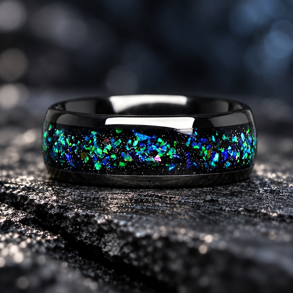 Black Wedding Rings Men Opal Front View