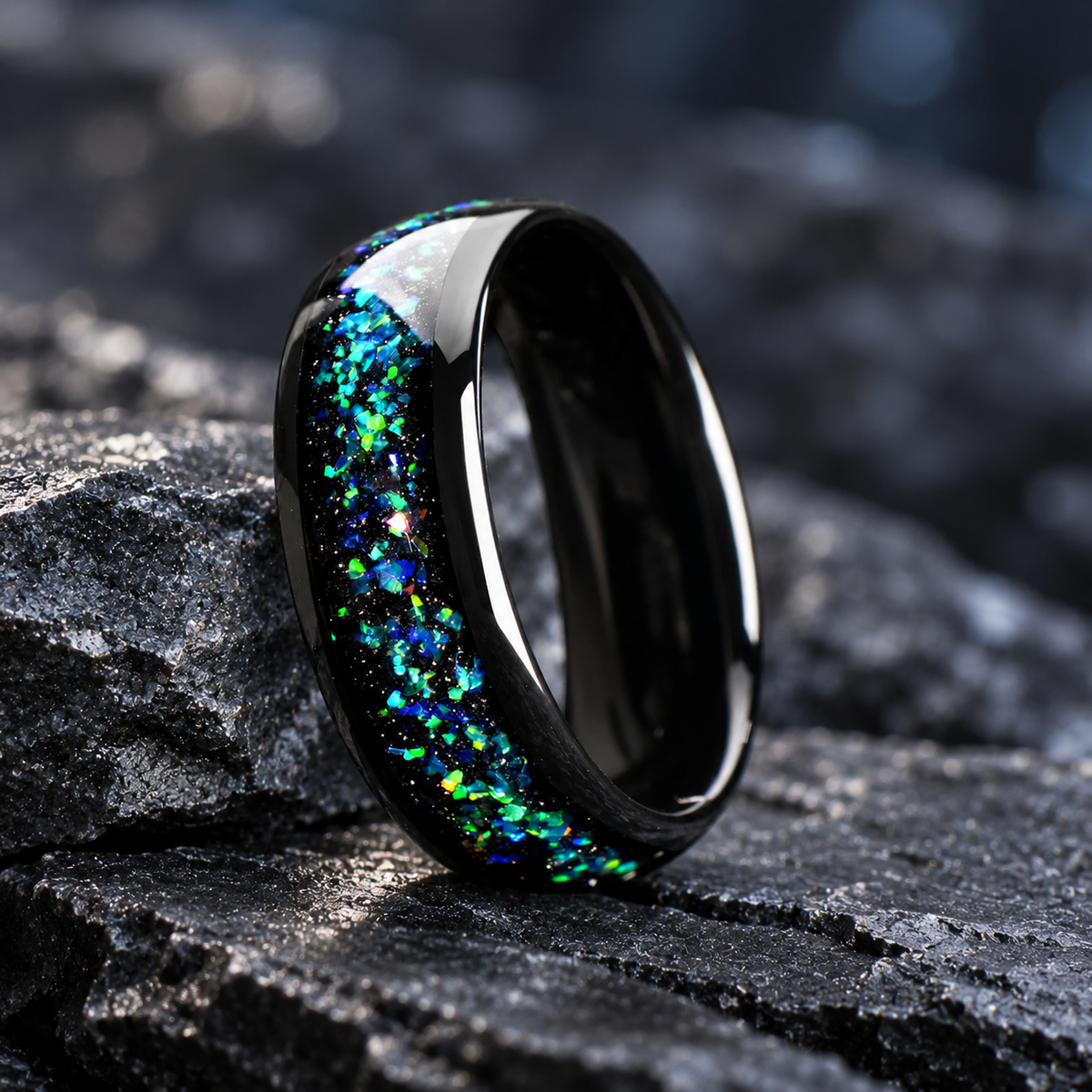 Black Wedding Rings Men Opal Left View