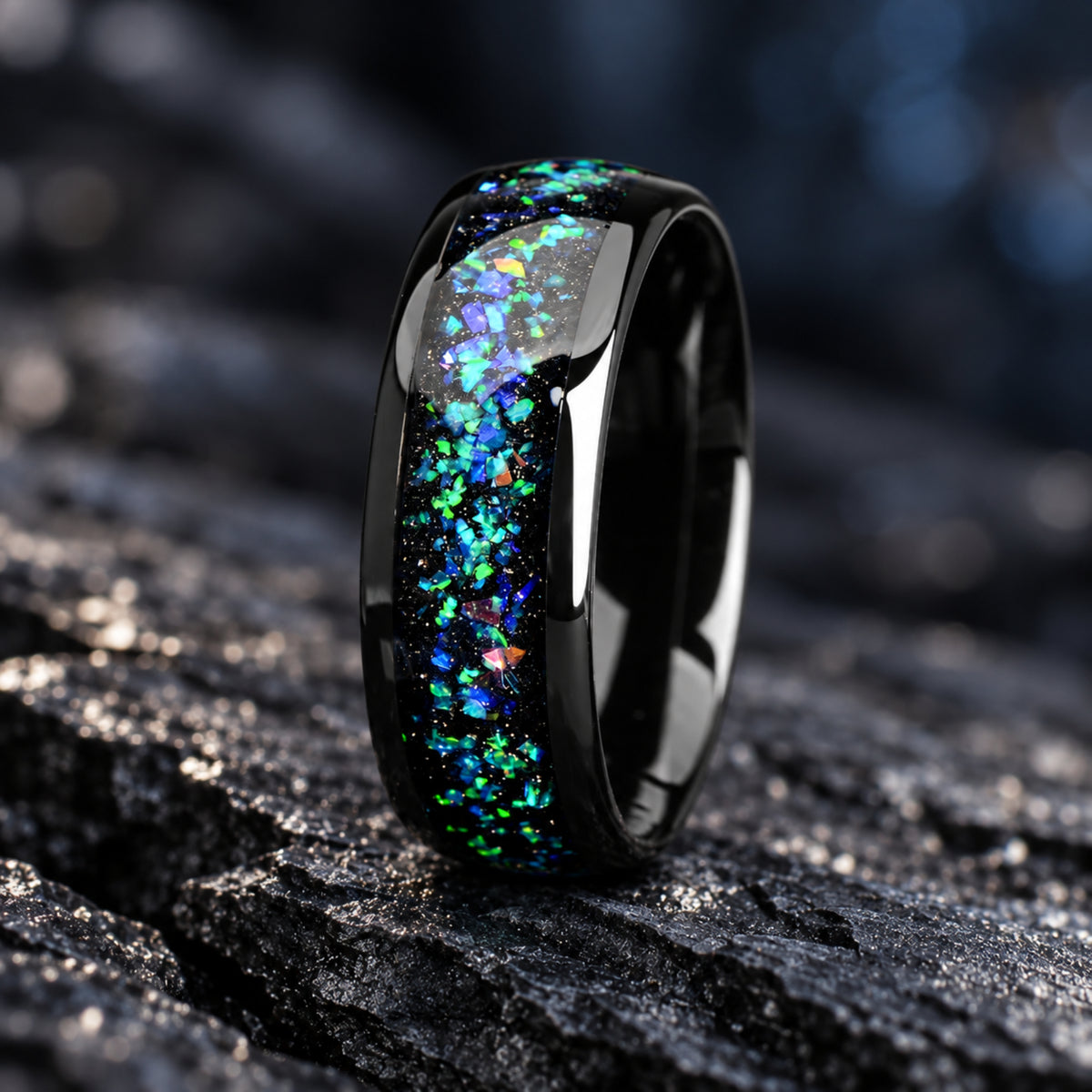 Black Wedding Rings Men Opal Profile View