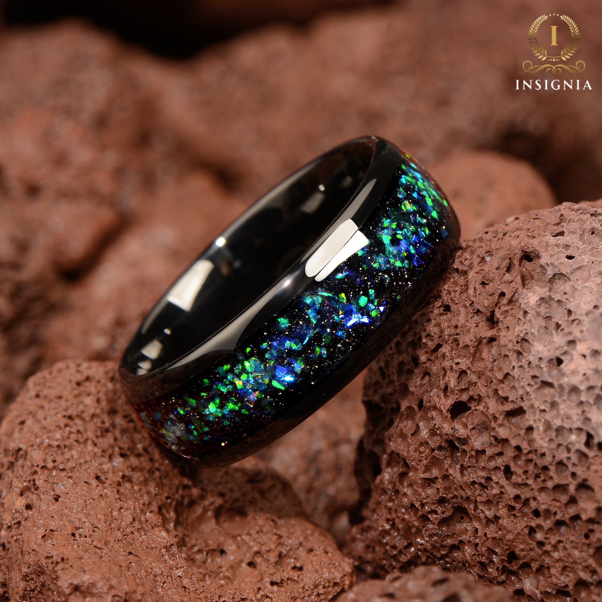 Unusual Black Wedding Rings For Men Galaxy Inlay Opal Band