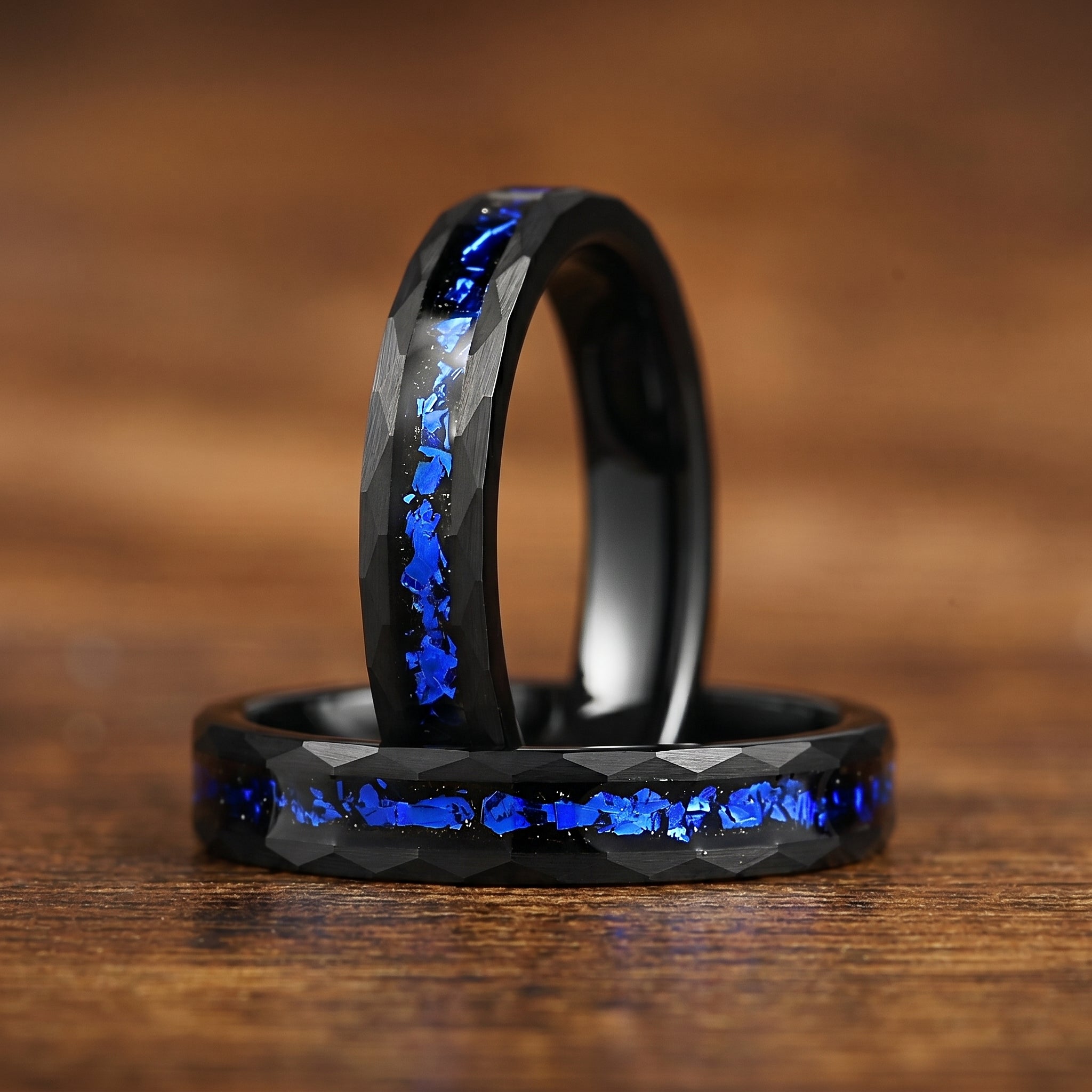 Blue sandstone ring set with matching black tungsten bands