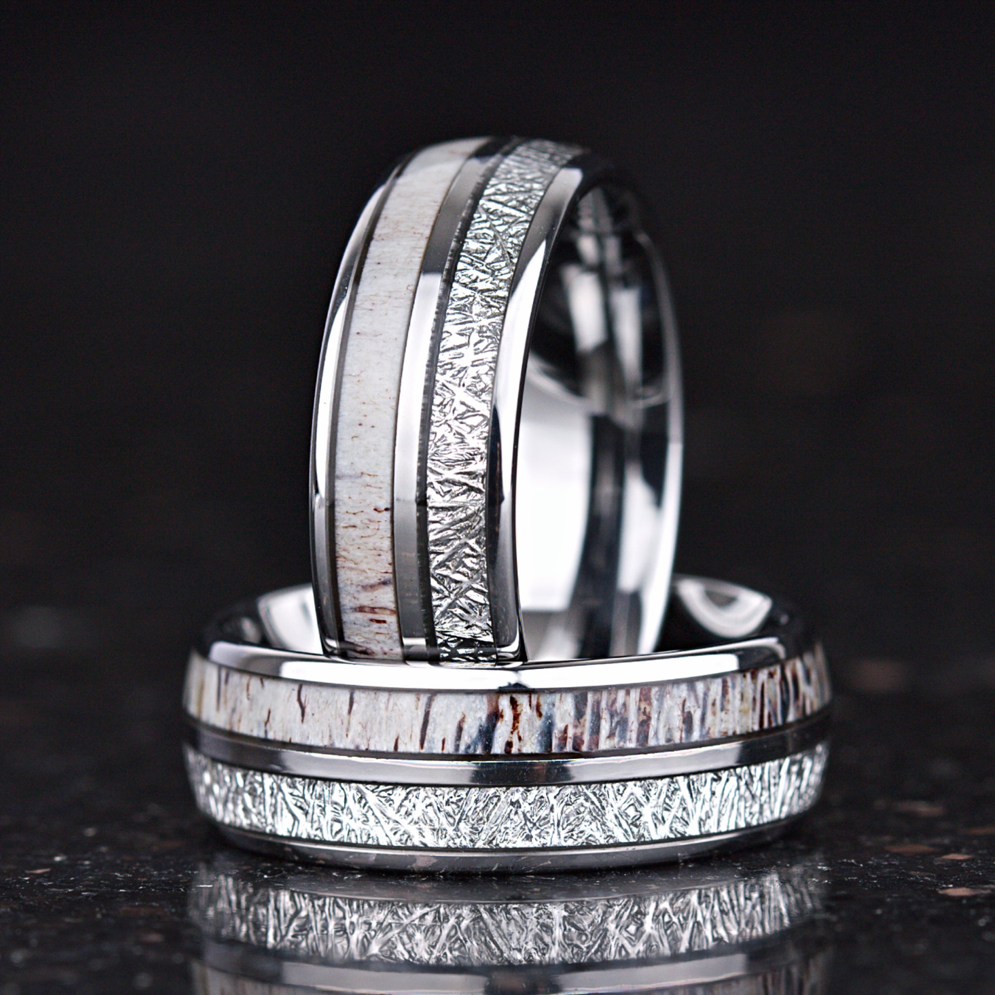 Commitment rings for couples with deer antler and meteorite detail