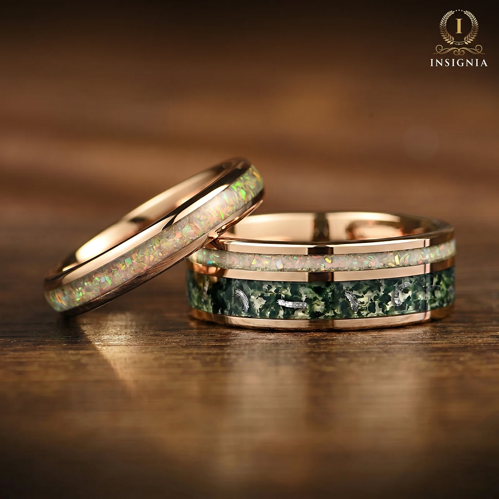 Commitment rings rose gold set with meteorite and white fire opal detail